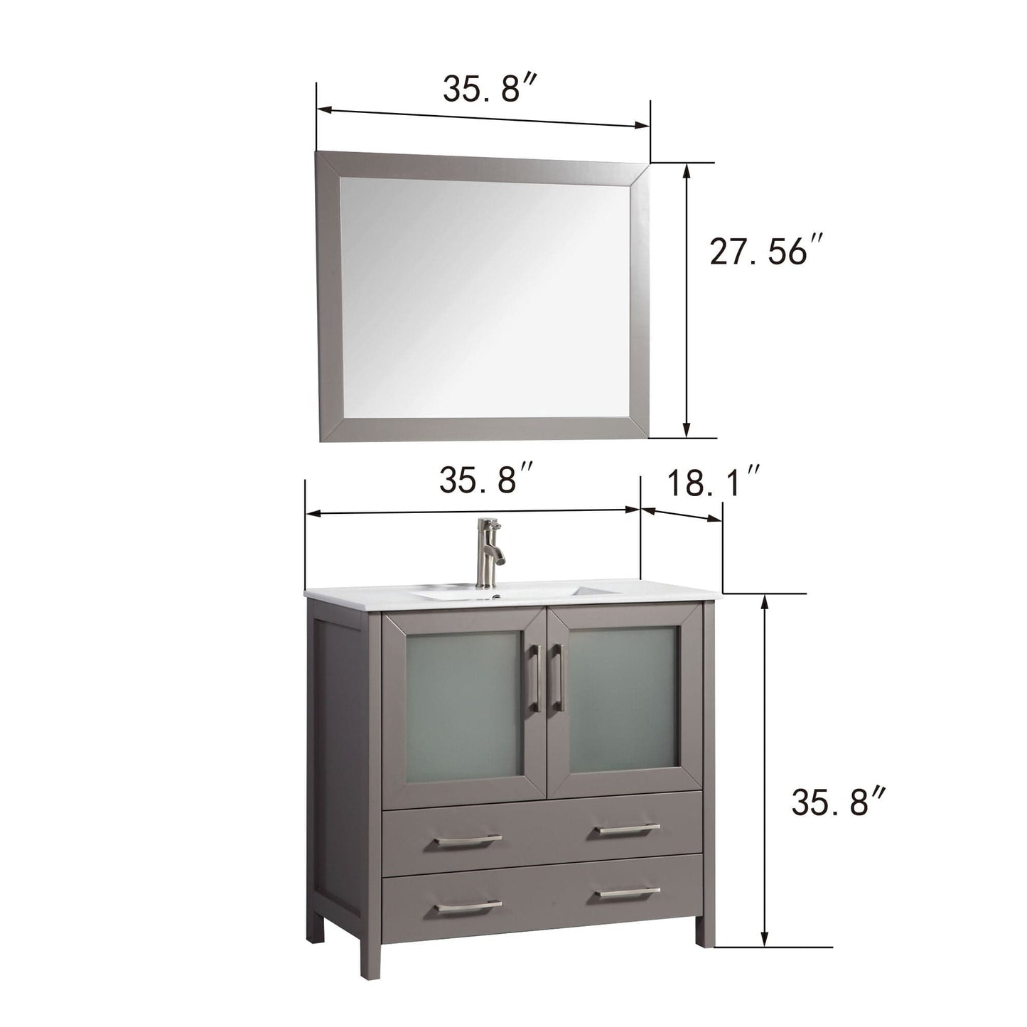 Vanity Art VA3036G 36 Inch Single Sink Bathroom Vanity in Gray with Ceramic Countertop - Vanity Art VA3036G