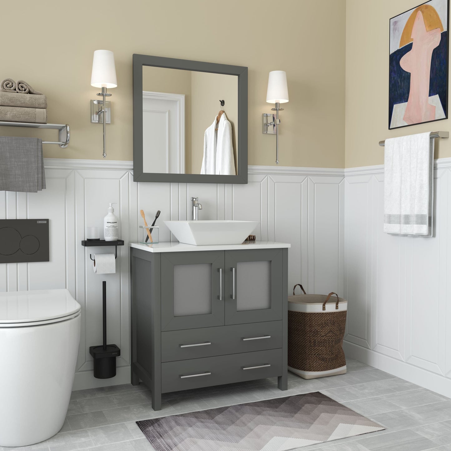 Vanity Art VA3130G 30 Inch Single Sink Bathroom Vanity in Gray with Marble Countertop - Vanity Art VA3130G