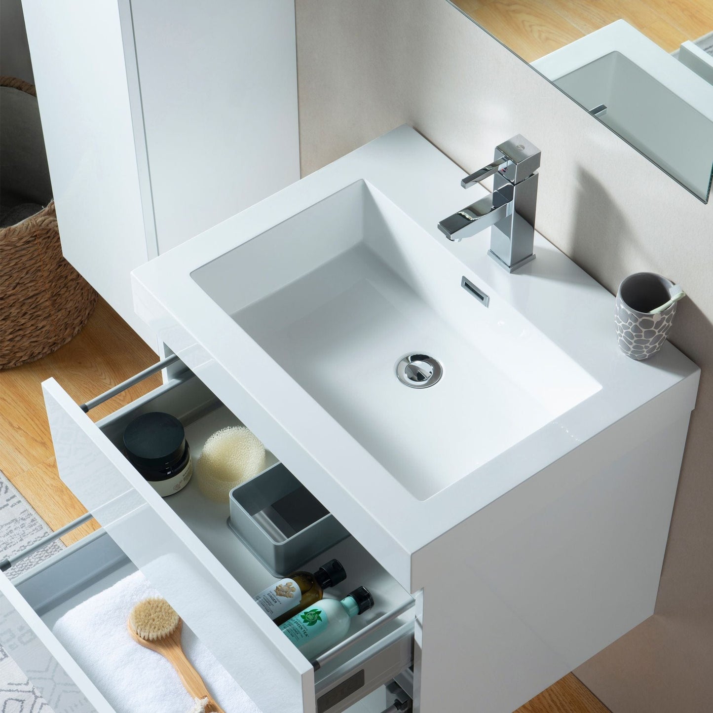 Vanity Art VA6024WL 24 Inch LED Lighted Wall Hung Single Sink Bathroom Vanity in White with Resin Top - Vanity Art VA6024WL