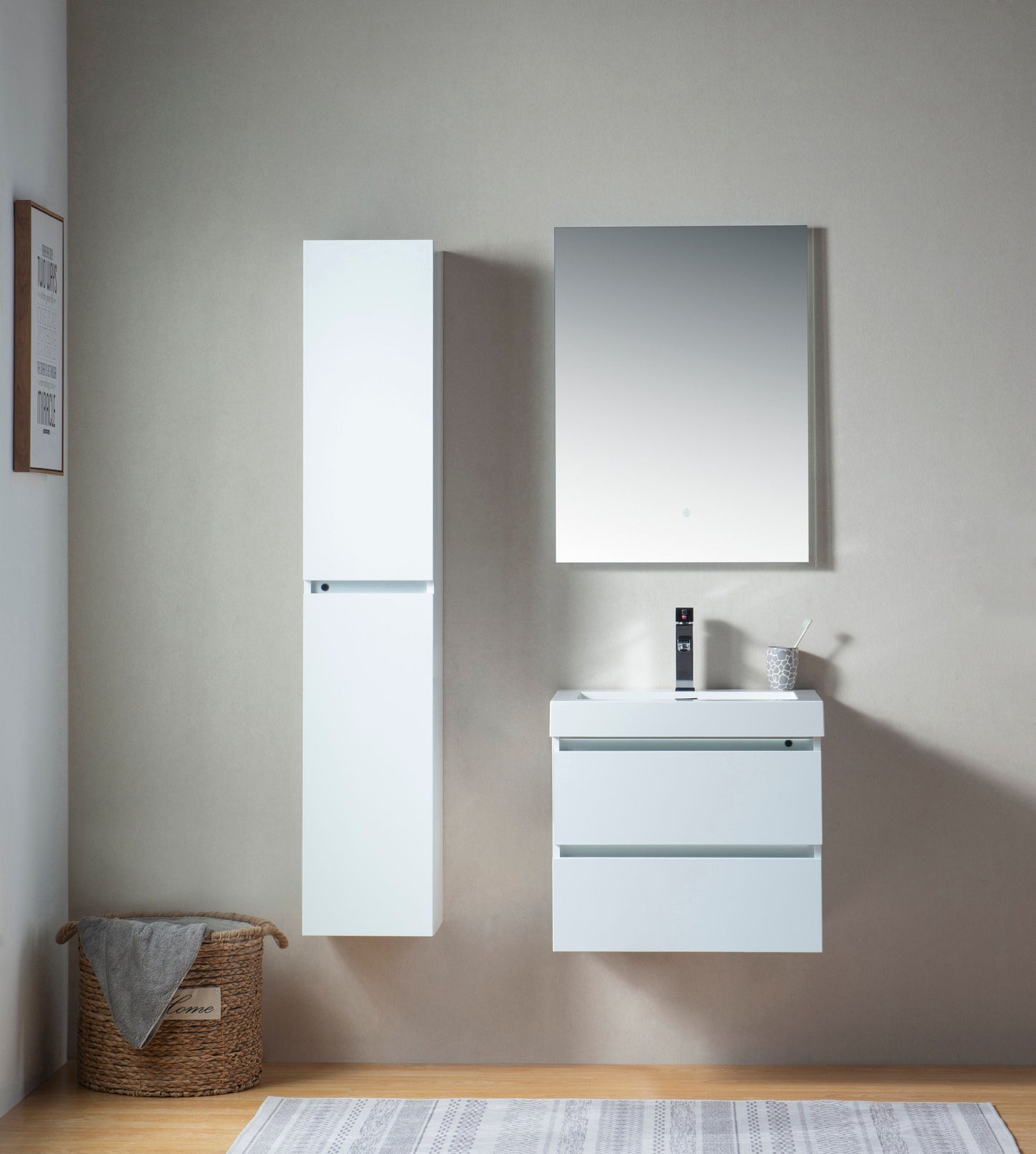 Vanity Art VA6024WL 24 Inch LED Lighted Wall Hung Single Sink Bathroom Vanity in White with Resin Top - Vanity Art VA6024WL