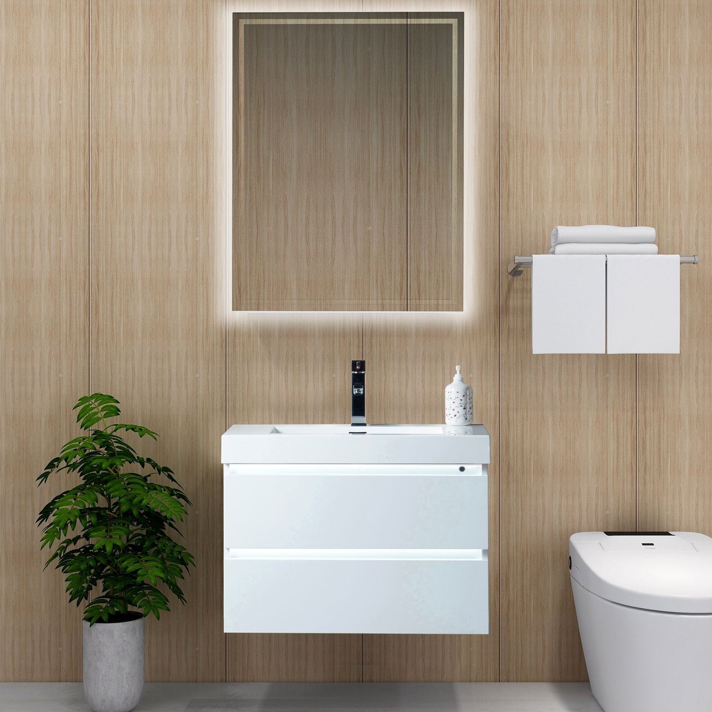 Vanity Art VA6030WL 30 Inch LED Lighted Wall Hung Single Sink Bathroom Vanity in White with Resin Top - Vanity Art VA6030WL