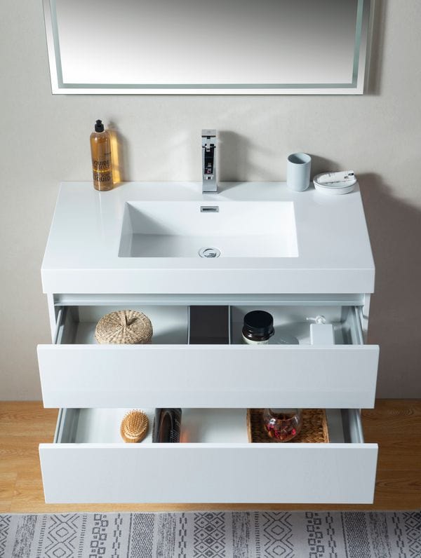 Vanity Art VA6036WL 36 Inch LED Lighted Wall Hung Single Sink Bathroom Vanity in White with Resin Top - Vanity Art VA6036WL