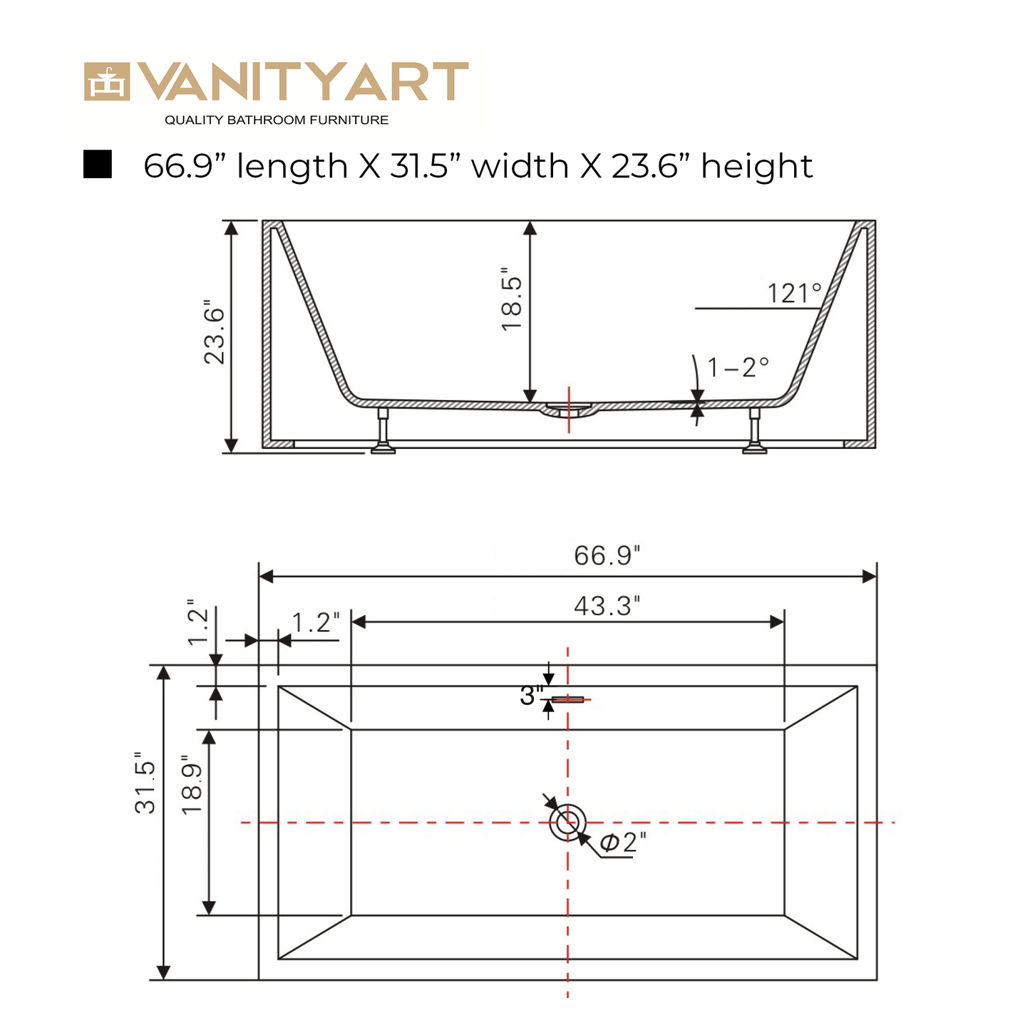 Vanity Art VA6813B-L-PW 67 Inch Freestanding White Acrylic Bathtub with Overflow And Pop-Up Drain - Vanity Art VA6813B-L-PW