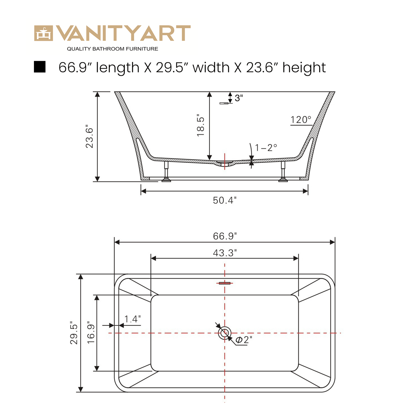 Vanity Art VA6820 67 Inch Freestanding White Acrylic Bathtub with Overflow And Pop-Up Drain - Vanity Art VA6820