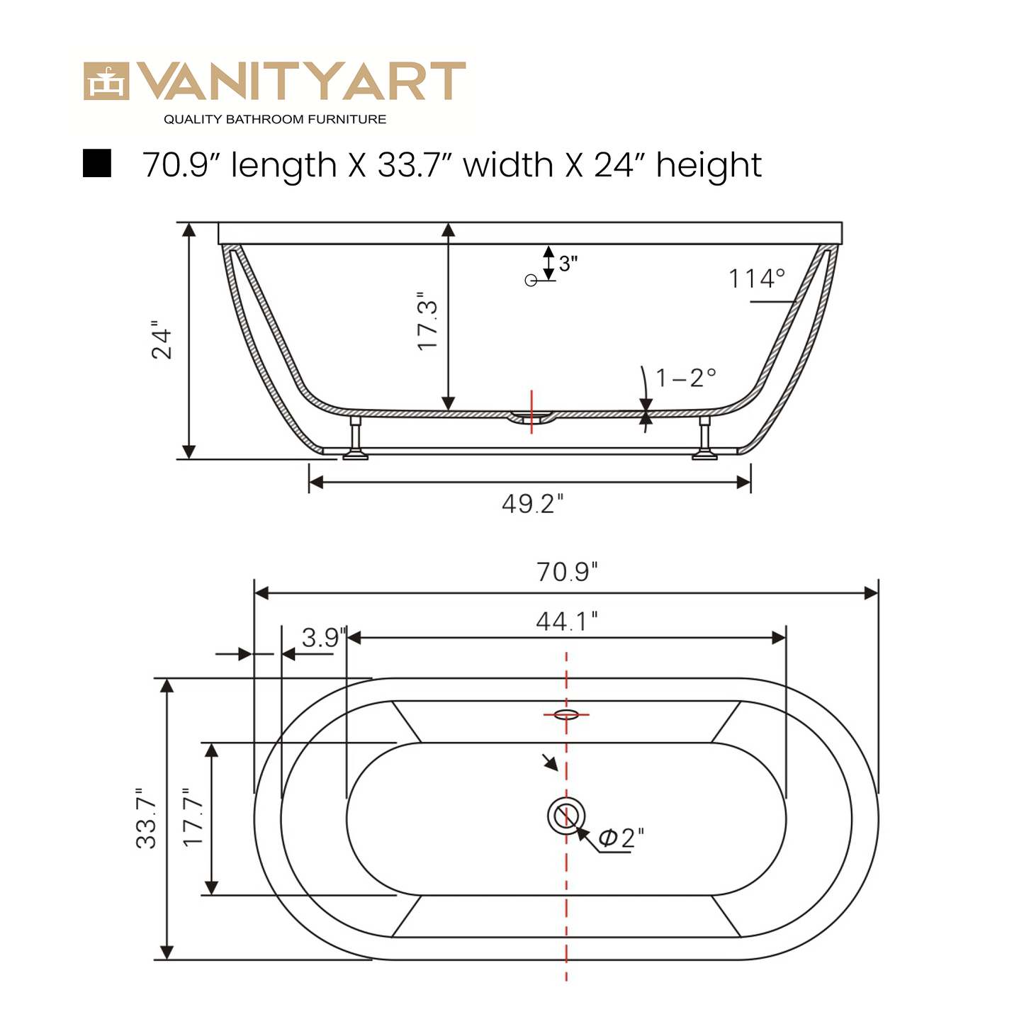 Vanity Art VA6837 71 Inch Freestanding White Acrylic Bathtub with Polished Chrome Finish - Vanity Art VA6837