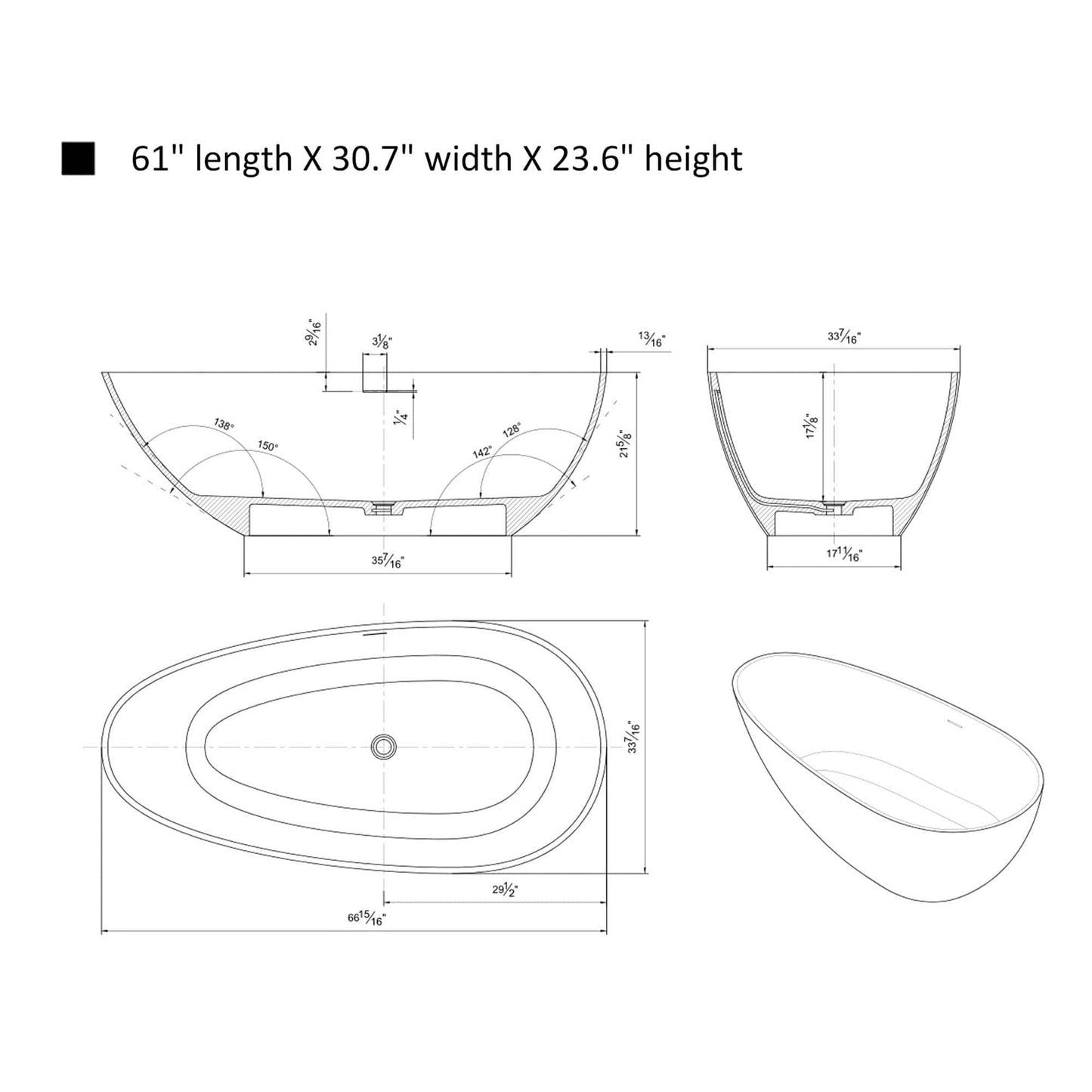Vanity Art VA6917 Freestanding Solid Surface Concrete Bathtub 67 Inch x 33.5 Inch - Vanity Art VA6917