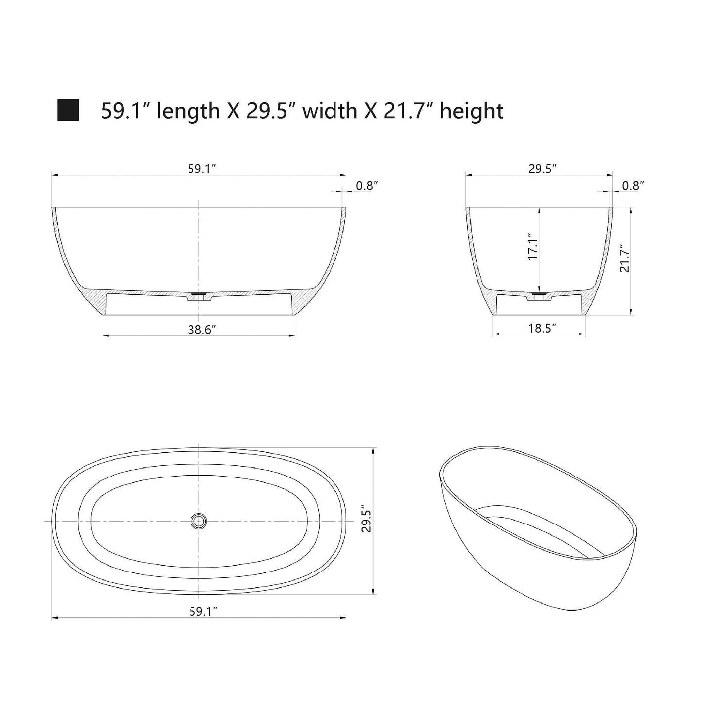 Vanity Art VA6921-PRS Freestanding Solid Surface Resin Bathtub 59 Inch x 29.5 Inch - Vanity Art VA6921-PRS