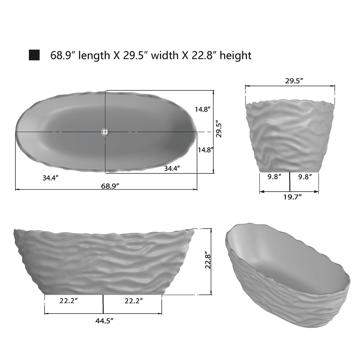 Vanity Art VA6922-PR Freestanding Solid Surface Resin Bathtub 69 Inch x 29.5 Inch - Vanity Art VA6922-PR
