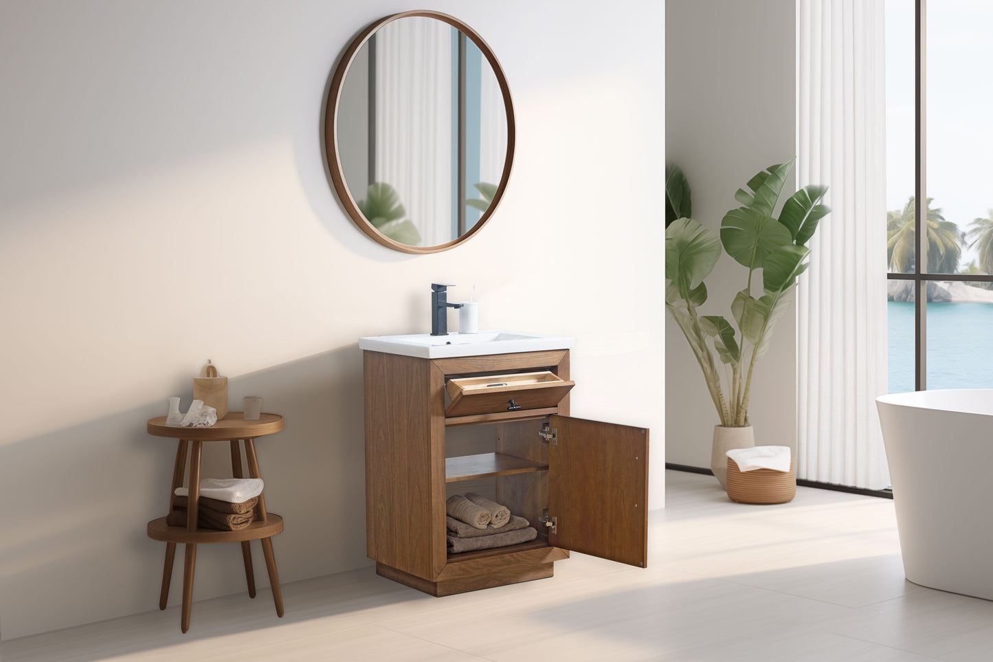 Vanity Art VA7024-T 24 Inch Single Sink Bathroom Vanity in Tan with Marble Countertop - Vanity Art VA7024-T