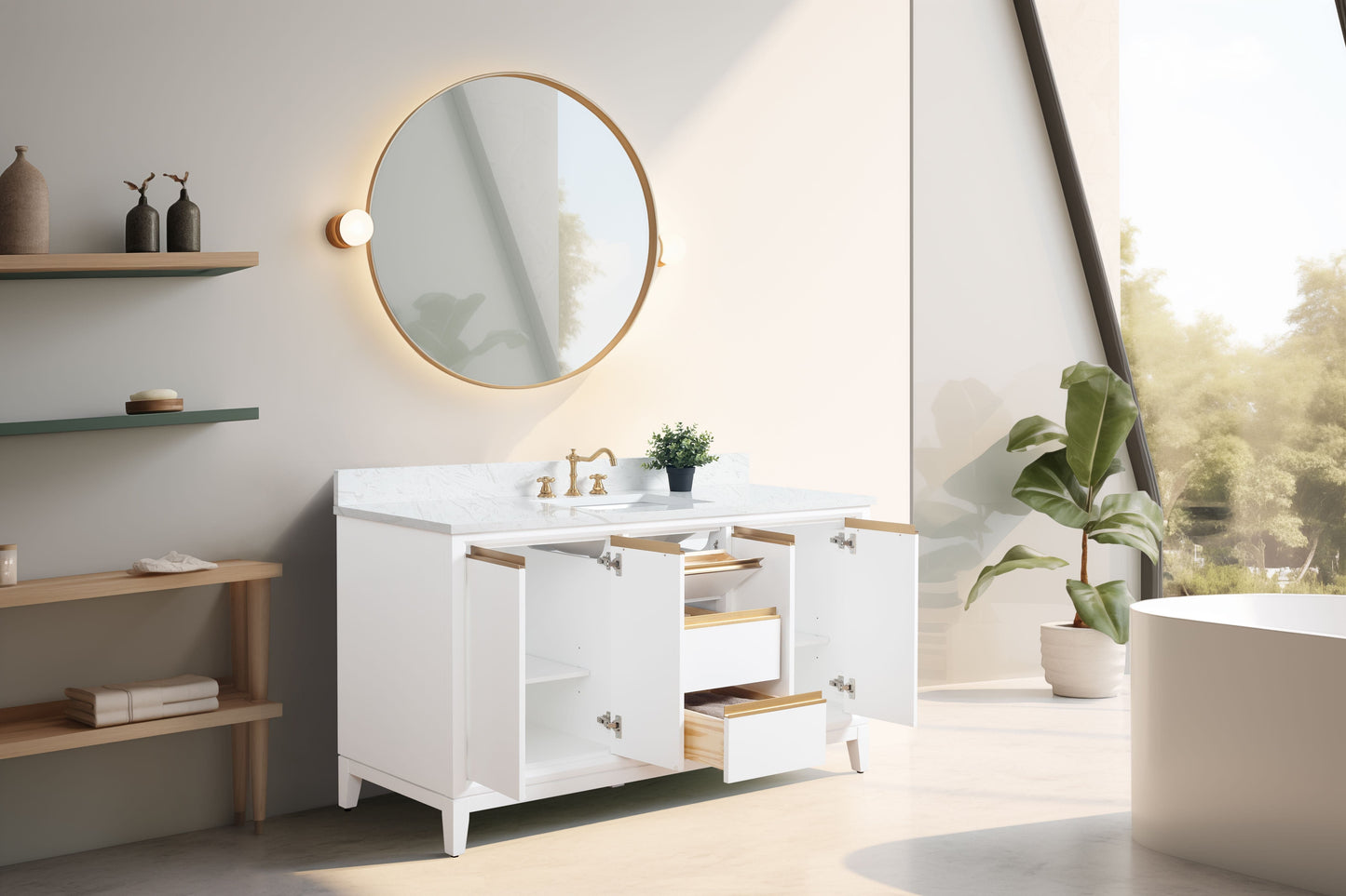 Vanity Art VA8060-SW 60 Inch Single Sink Bathroom Vanity in White with Marble Countertop - Vanity Art VA8060-SW
