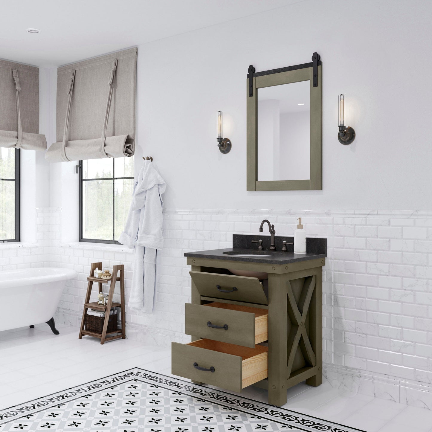 Water Creation AB30BL03GG-000000000 ABERDEEN 30"W x 34"H Grizzle Gray Single-Sink Vanity with Blue Limestone Countertop (Vanity Only)