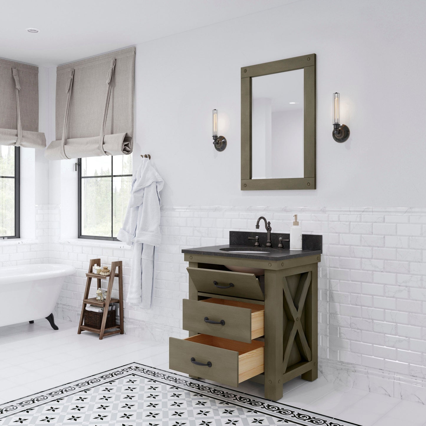 Water Creation AB30BL03GG-A24000000 ABERDEEN 30"W x 34"H Grizzle Gray Single-Sink Vanity with Blue Limestone Countertop + Mirror