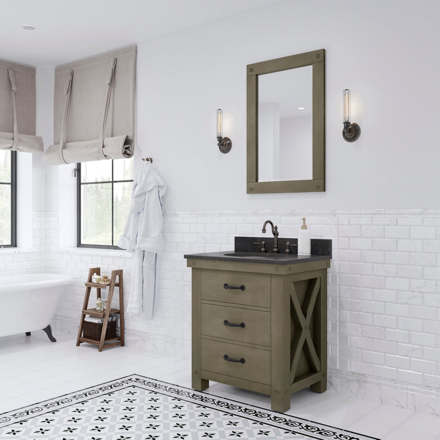 Water Creation AB30BL03GG-A24BX1203 ABERDEEN 30"W x 34"H Grizzle Gray Single-Sink Vanity with Blue Limestone Countertop + Faucet & Mirror