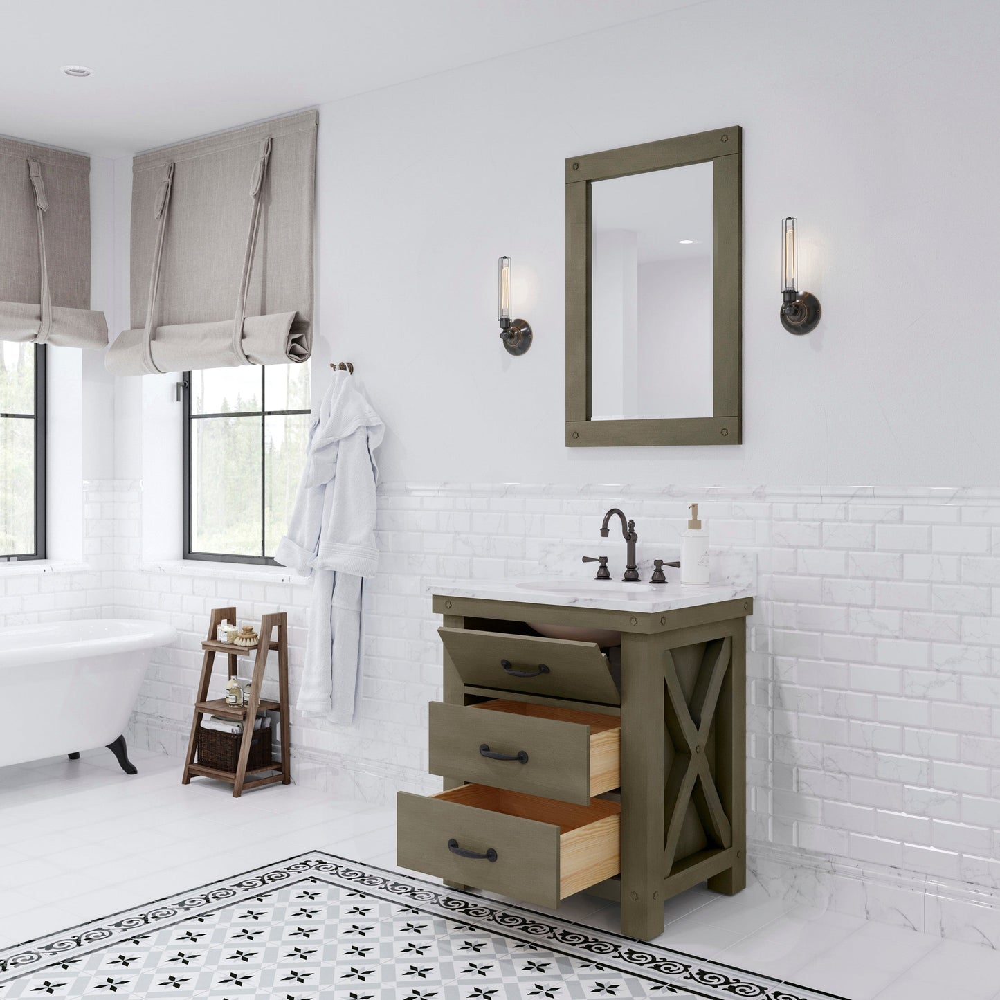 Water Creation AB30CW03GG-000BX1203 ABERDEEN 30"W x 34"H Grizzle Gray Single-Sink Vanity with Carrara White Marble Countertop + Faucet