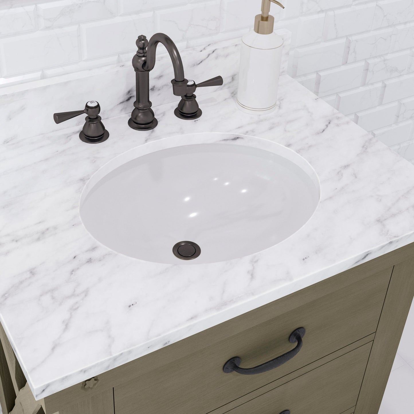 Water Creation AB30CW03GG-000BX1203 ABERDEEN 30"W x 34"H Grizzle Gray Single-Sink Vanity with Carrara White Marble Countertop + Faucet