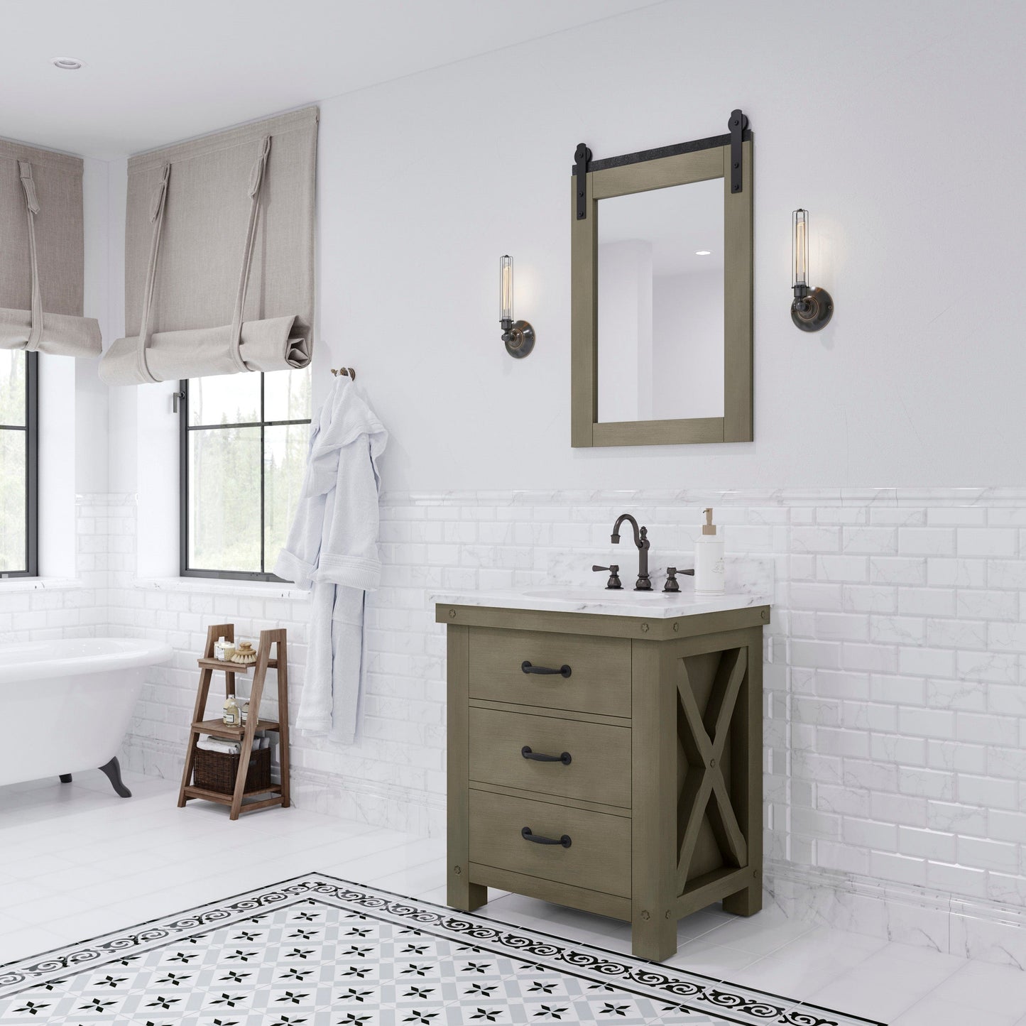 Water Creation AB30CW03GG-P24TL1203 ABERDEEN 30"W x 34"H Grizzle Gray Single-Sink Vanity with Carrara White Marble Countertop + Hook Faucet and Mirror