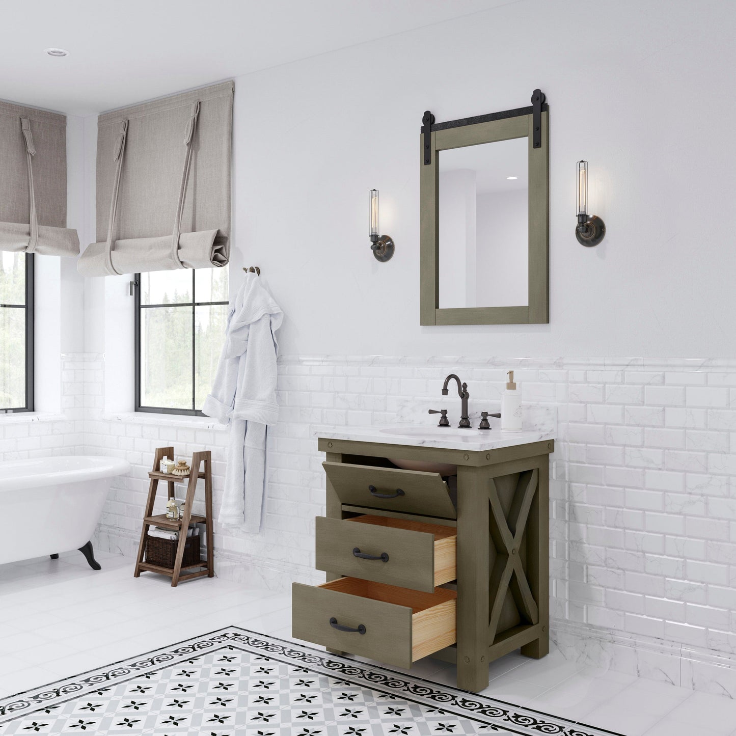 Water Creation AB30CW03GG-P24TL1203 ABERDEEN 30"W x 34"H Grizzle Gray Single-Sink Vanity with Carrara White Marble Countertop + Hook Faucet and Mirror