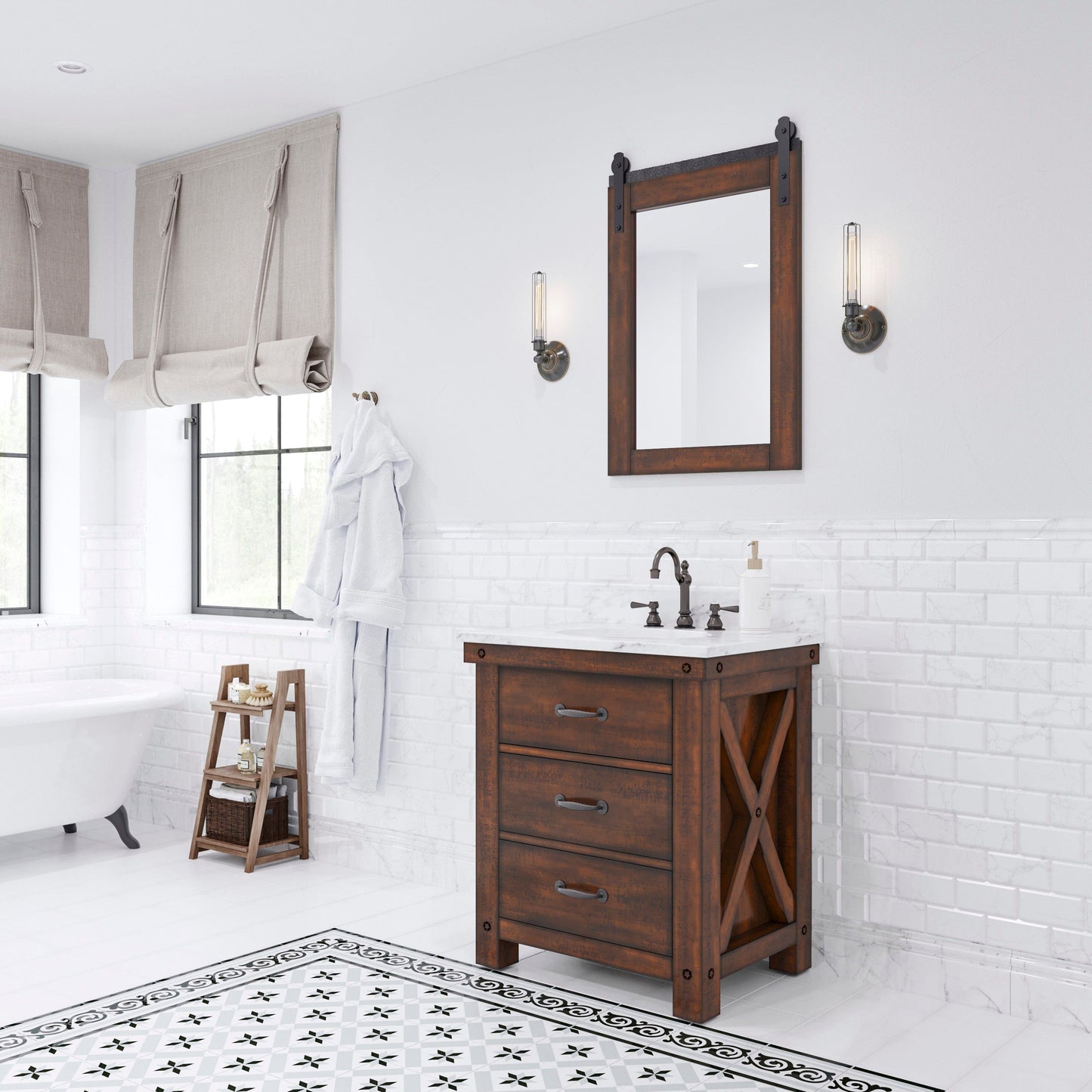 Water Creation AB30CW03RS-P24TL1203 ABERDEEN 30"W x 34"H Sierra Rustic Single-Sink Vanity with Carrara White Marble Countertop + Hook Faucet and Mirror (B)
