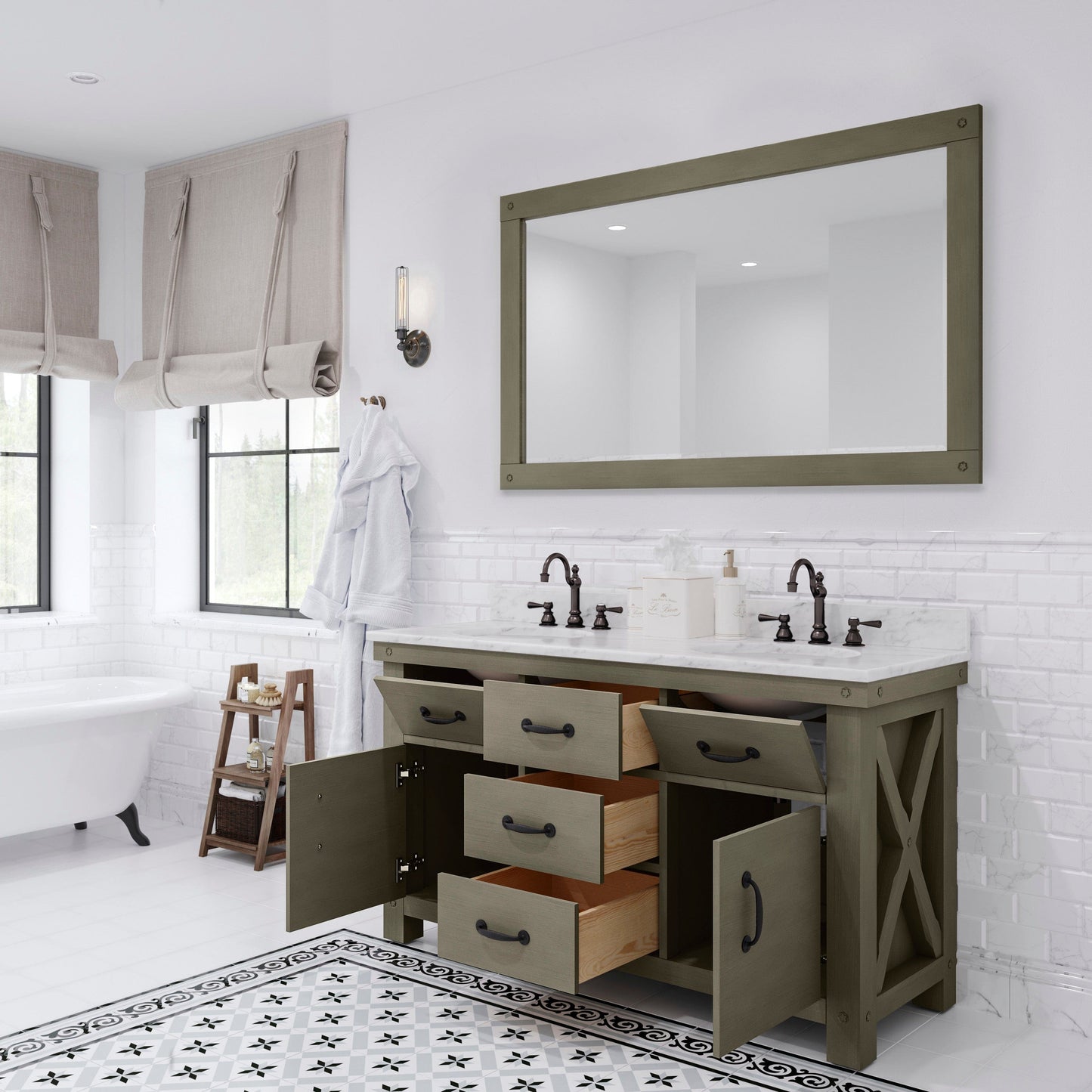 Water Creation AB60CW03GG-A60BX1203 ABERDEEN 60"W x 34"H Grizzle Gray Double-Sink Vanity with Carrara White Marble Countertop + Faucets & Mirror