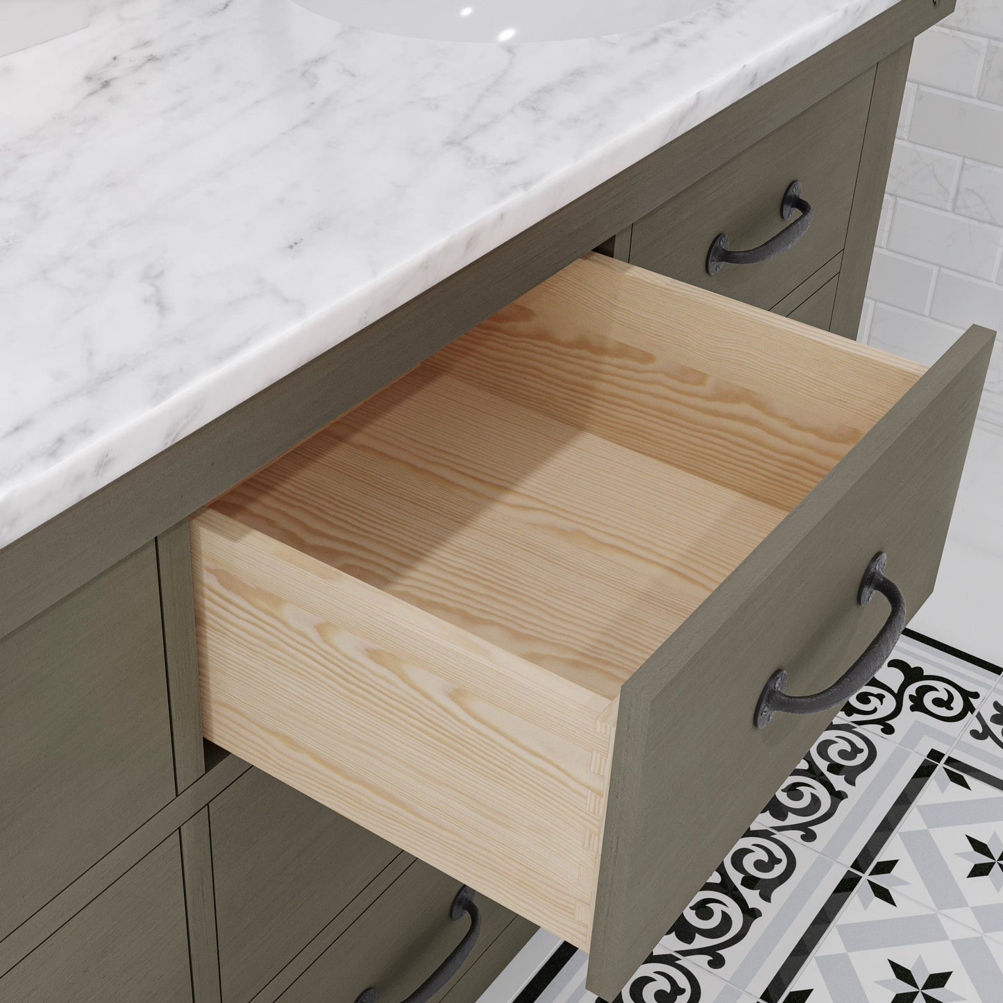 Water Creation AB60CW03GG-A60BX1203 ABERDEEN 60"W x 34"H Grizzle Gray Double-Sink Vanity with Carrara White Marble Countertop + Faucets & Mirror