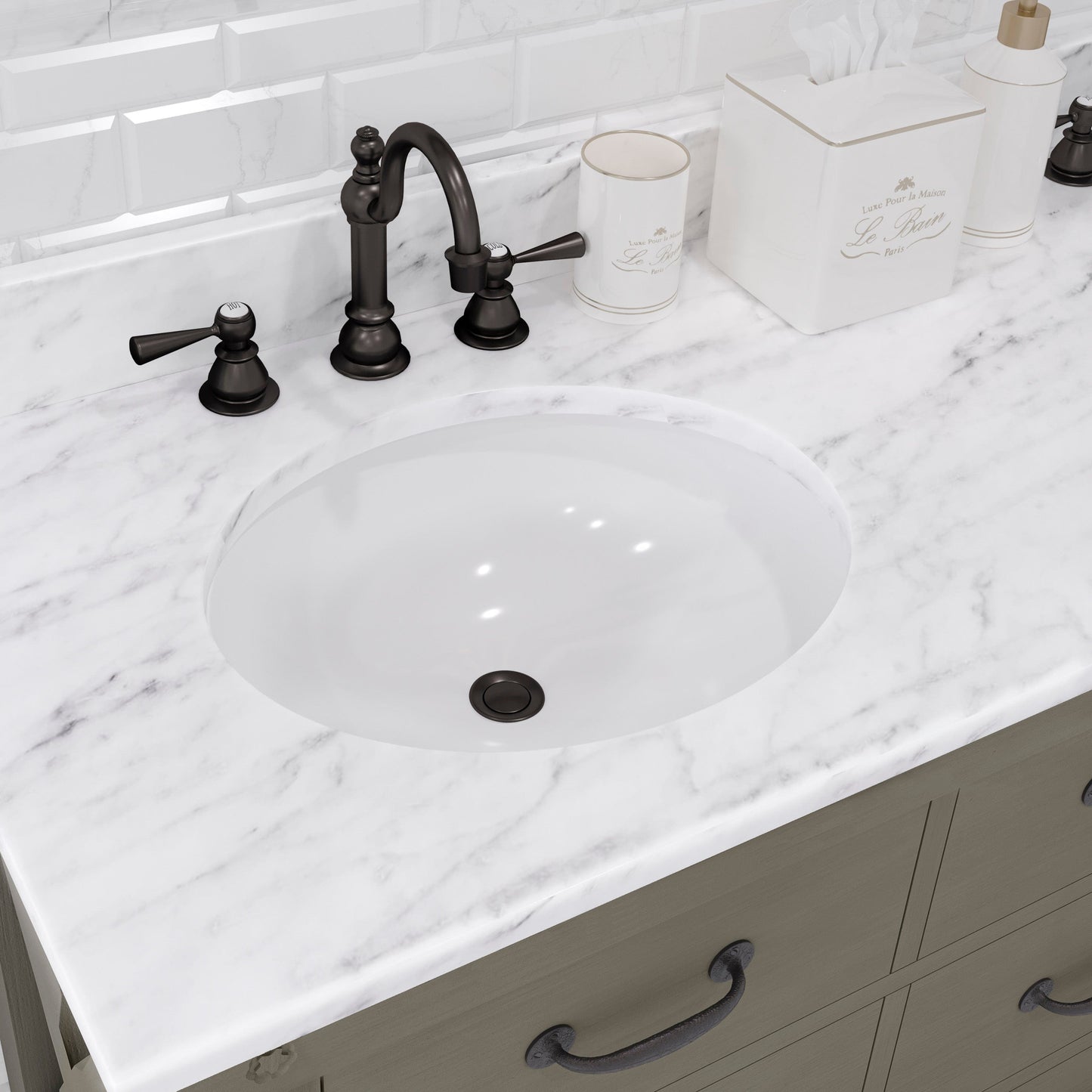 Water Creation AB60CW03GG-A60BX1203 ABERDEEN 60"W x 34"H Grizzle Gray Double-Sink Vanity with Carrara White Marble Countertop + Faucets & Mirror