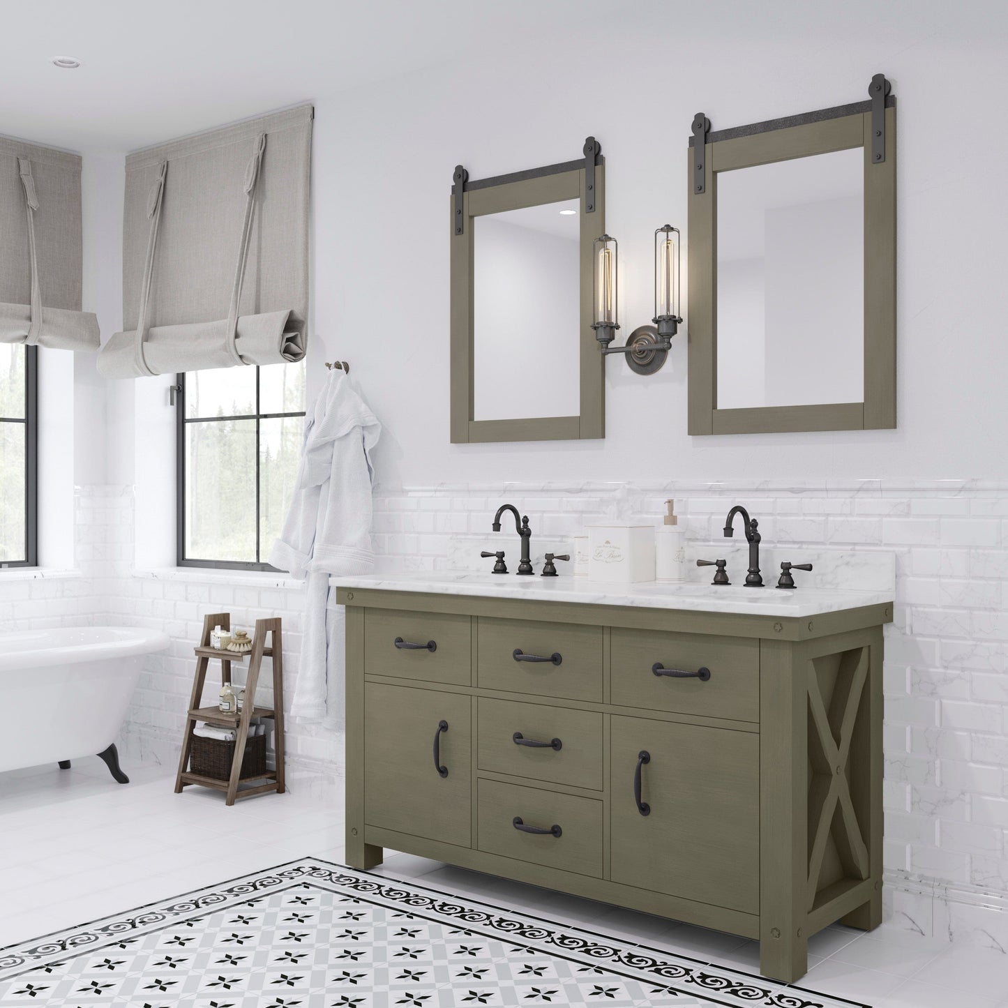 Water Creation AB60CW03GG-P24TL1203 ABERDEEN 60"W x 34"H Grizzle Gray Double-Sink Vanity with Carrara White Marble Countertop + Hook Faucets and Mirror