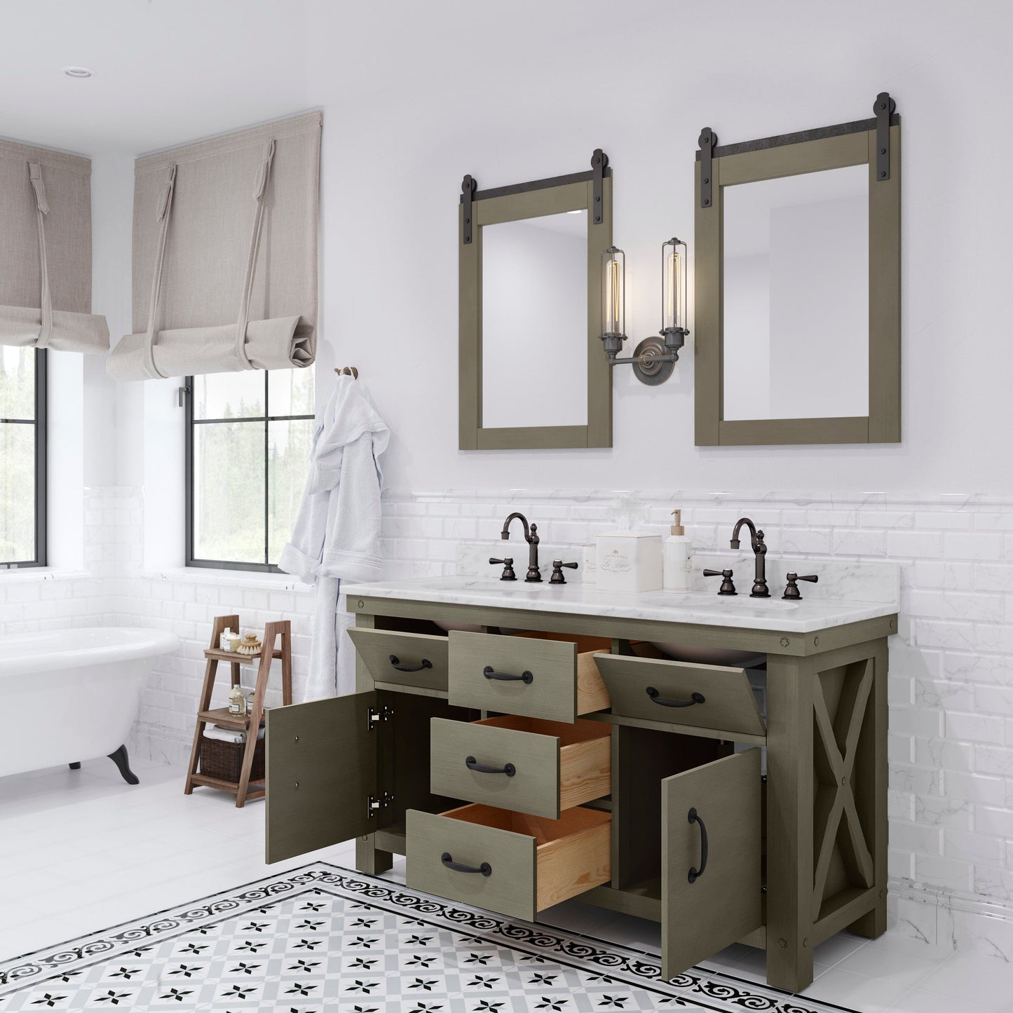 Water Creation AB60CW03GG-P24TL1203 ABERDEEN 60"W x 34"H Grizzle Gray Double-Sink Vanity with Carrara White Marble Countertop + Hook Faucets and Mirror