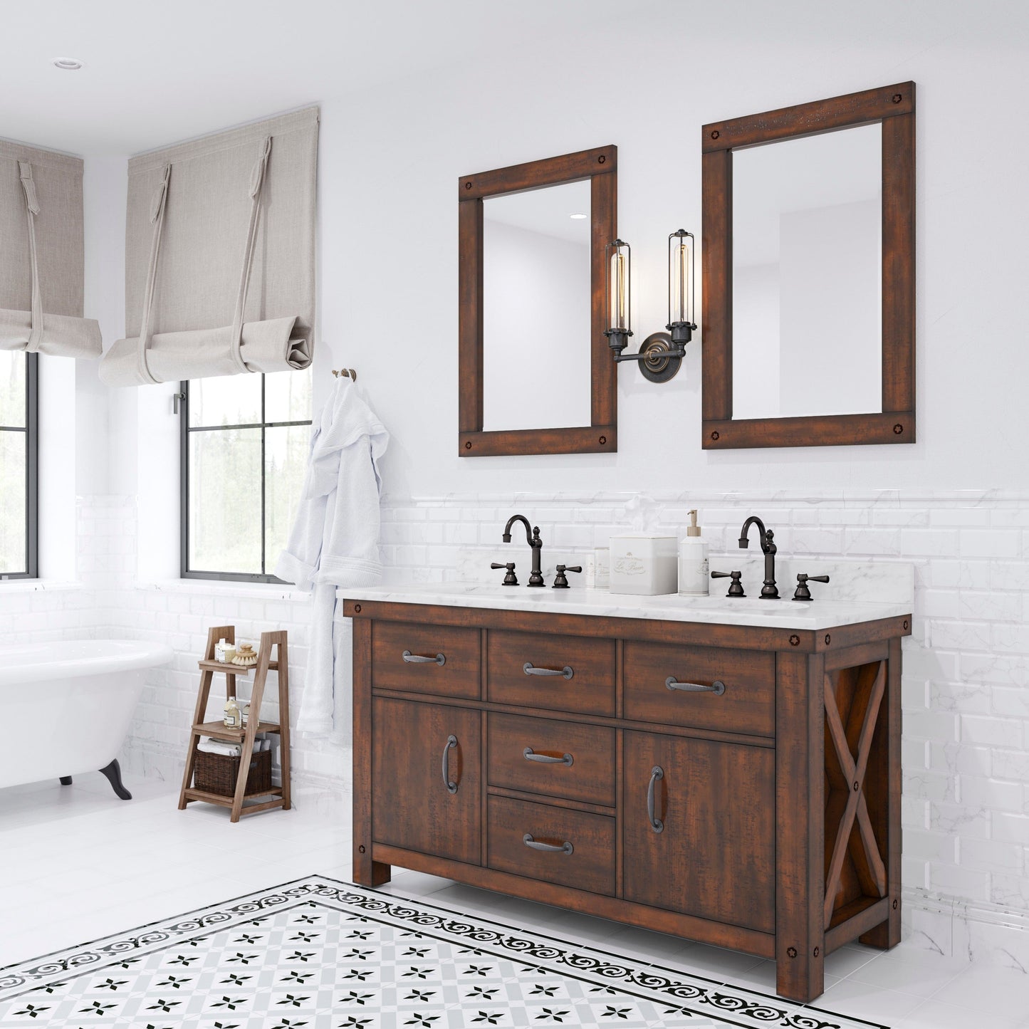 Water Creation AB60CW03RS-A24TL1203 ABERDEEN 60"W x 34"H Sierra Rustic Double-Sink Vanity with Carrara White Marble Countertop + Hook Faucets and Mirrors (A)