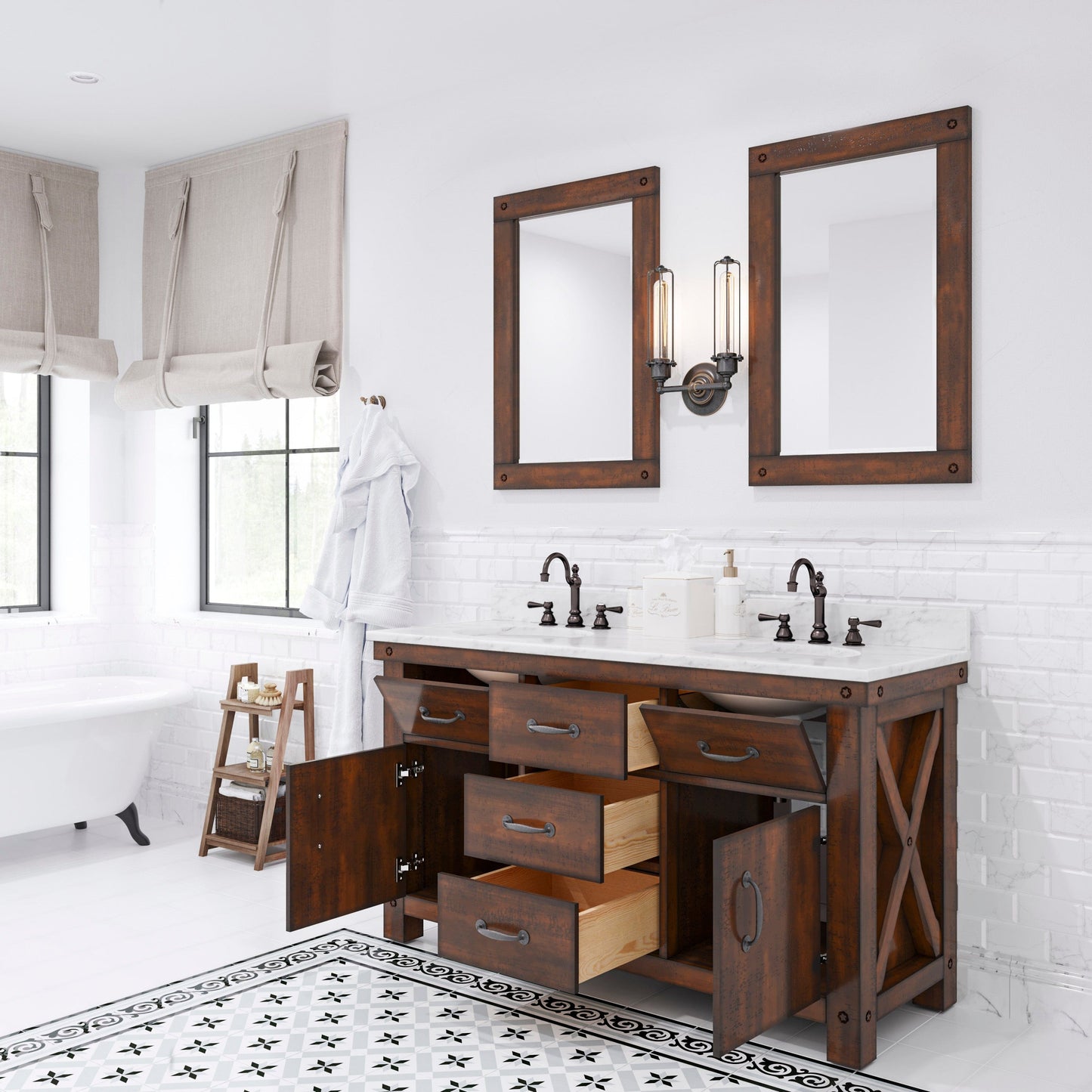 Water Creation AB60CW03RS-A24TL1203 ABERDEEN 60"W x 34"H Sierra Rustic Double-Sink Vanity with Carrara White Marble Countertop + Hook Faucets and Mirrors (A)