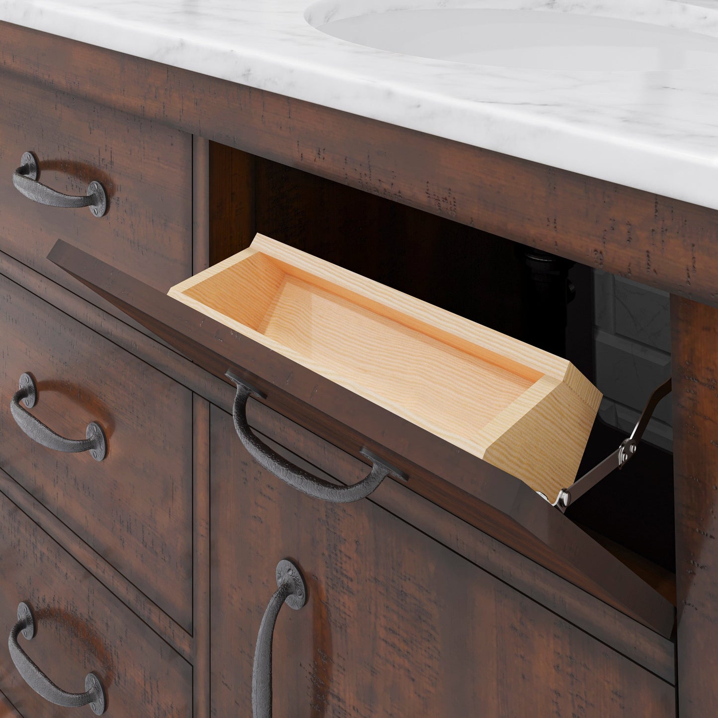 Water Creation AB60CW03RS-A24TL1203 ABERDEEN 60"W x 34"H Sierra Rustic Double-Sink Vanity with Carrara White Marble Countertop + Hook Faucets and Mirrors (A)