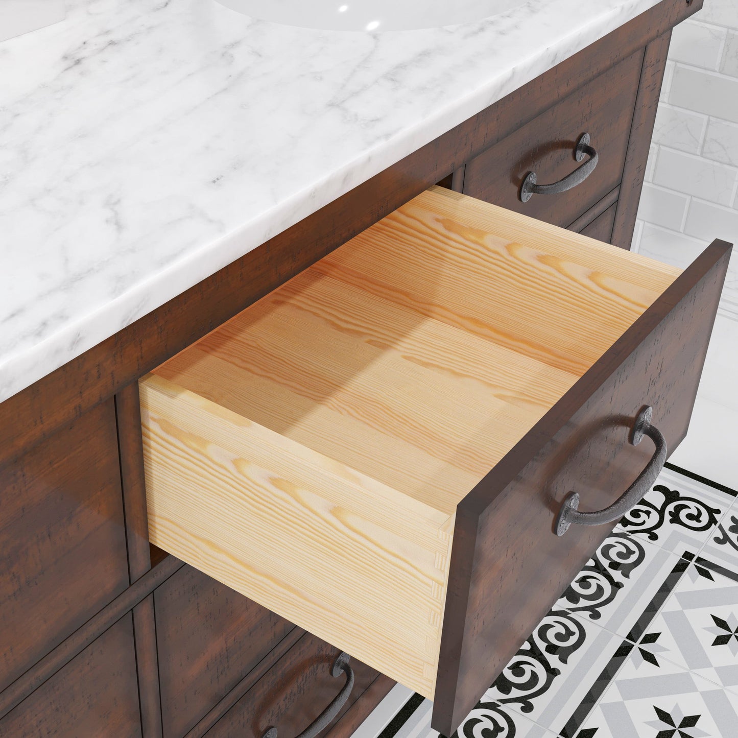 Water Creation AB60CW03RS-A24TL1203 ABERDEEN 60"W x 34"H Sierra Rustic Double-Sink Vanity with Carrara White Marble Countertop + Hook Faucets and Mirrors (A)
