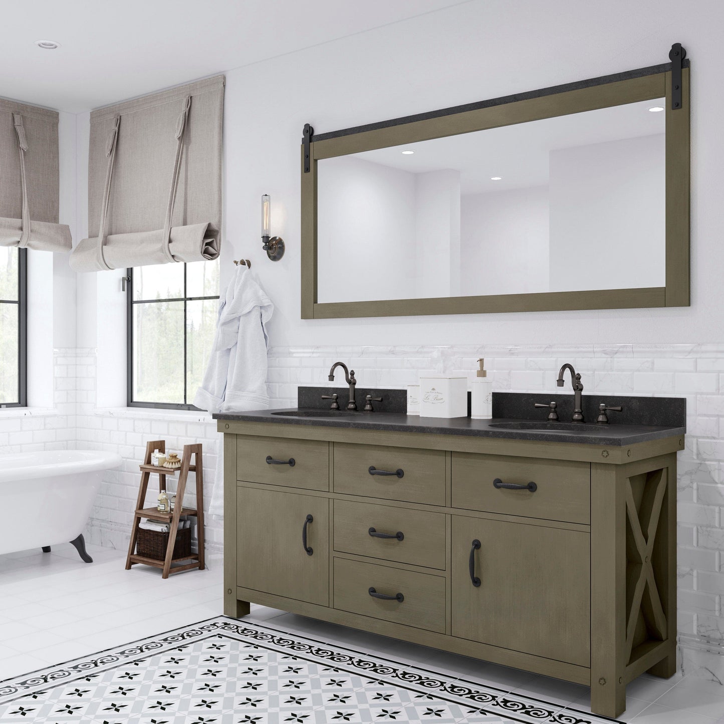 Water Creation AB72BL03GG-P72TL1203 ABERDEEN 72"W x 34"H Grizzle Gray Double-Sink Vanity with Blue Limestone Countertop + Hook Faucet and Mirror (B)