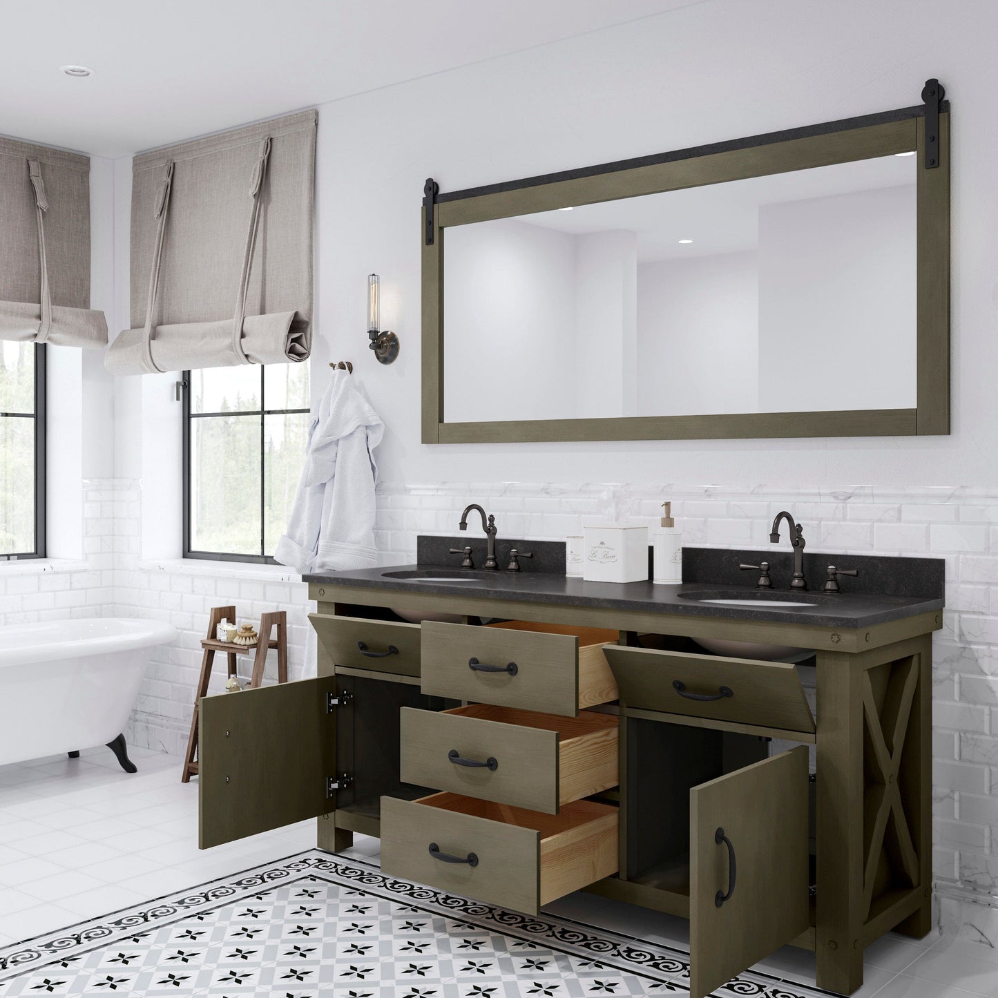 Water Creation AB72BL03GG-P72TL1203 ABERDEEN 72"W x 34"H Grizzle Gray Double-Sink Vanity with Blue Limestone Countertop + Hook Faucet and Mirror (B)
