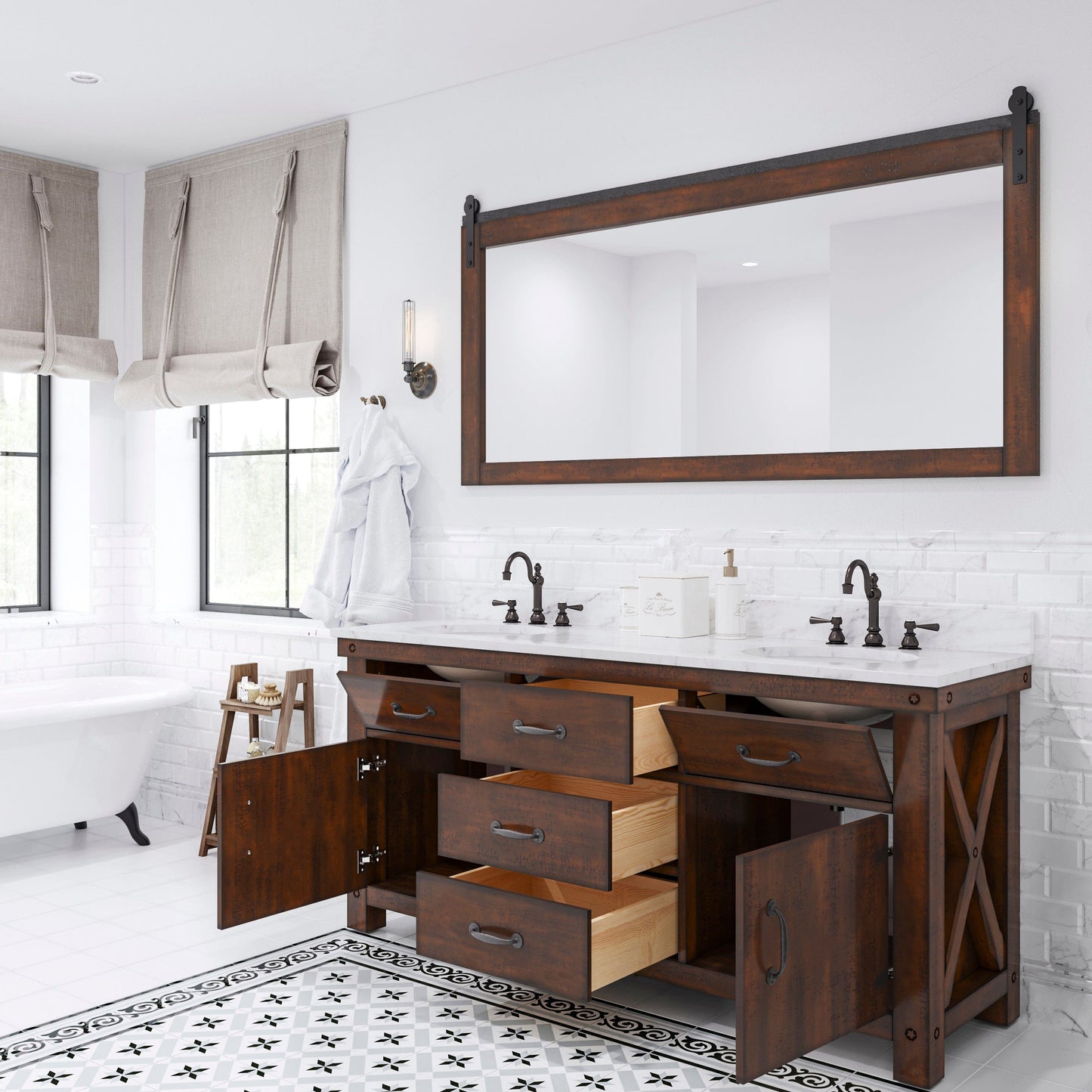 Water Creation AB72CW03RS-P72000000 ABERDEEN 72"W x 34"H Sierra Rustic Double-Sink Vanity with Carrara White Marble Countertop + Mirrors (C)