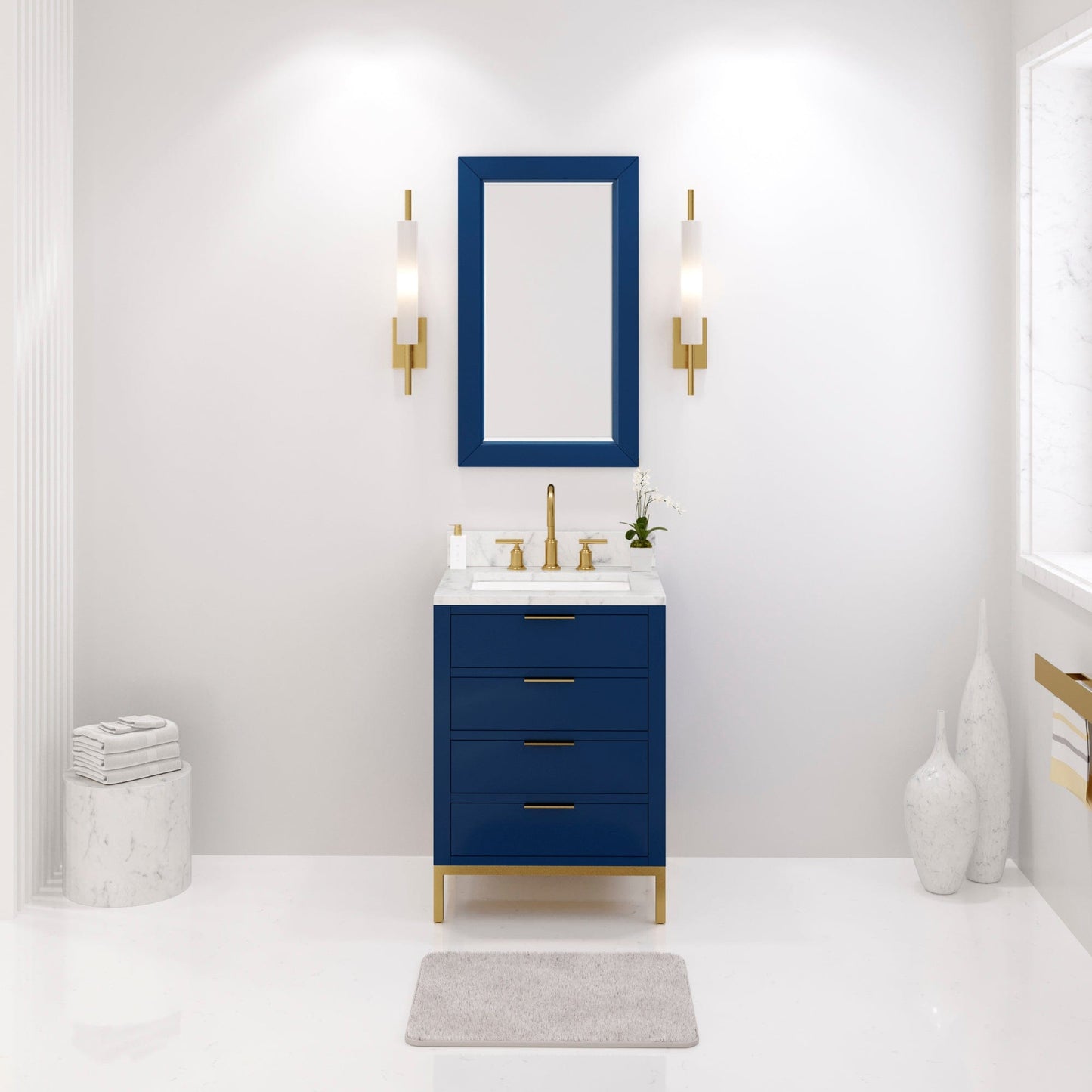 Water Creation BR24CW06MB-R21BL1406 BRISTOL 24"W x 34"H Monarch Blue Single-Sink Vanity with Carrara White Marble Countertop + Satin Gold Gooseneck Faucet and Rectangular Mirror (S)