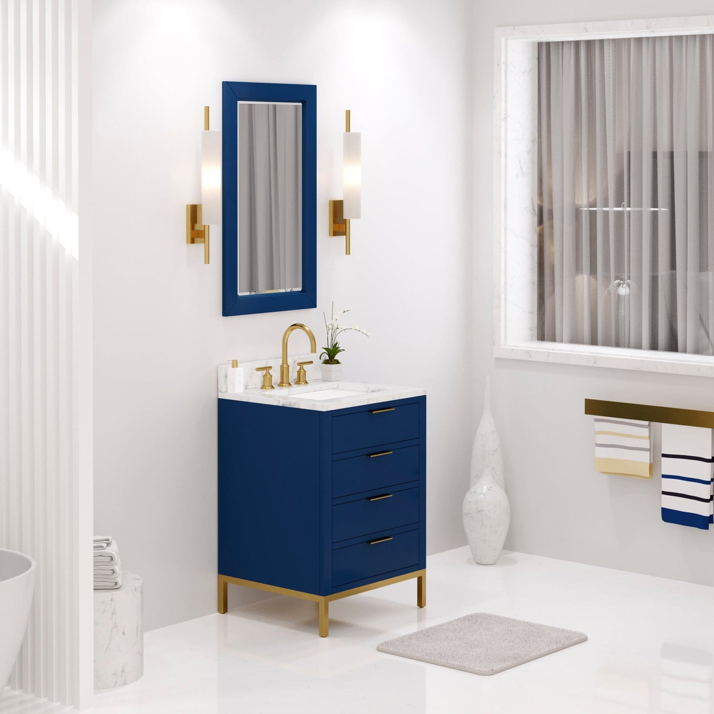Water Creation BR24CW06MB-R21BL1406 BRISTOL 24"W x 34"H Monarch Blue Single-Sink Vanity with Carrara White Marble Countertop + Satin Gold Gooseneck Faucet and Rectangular Mirror (S)