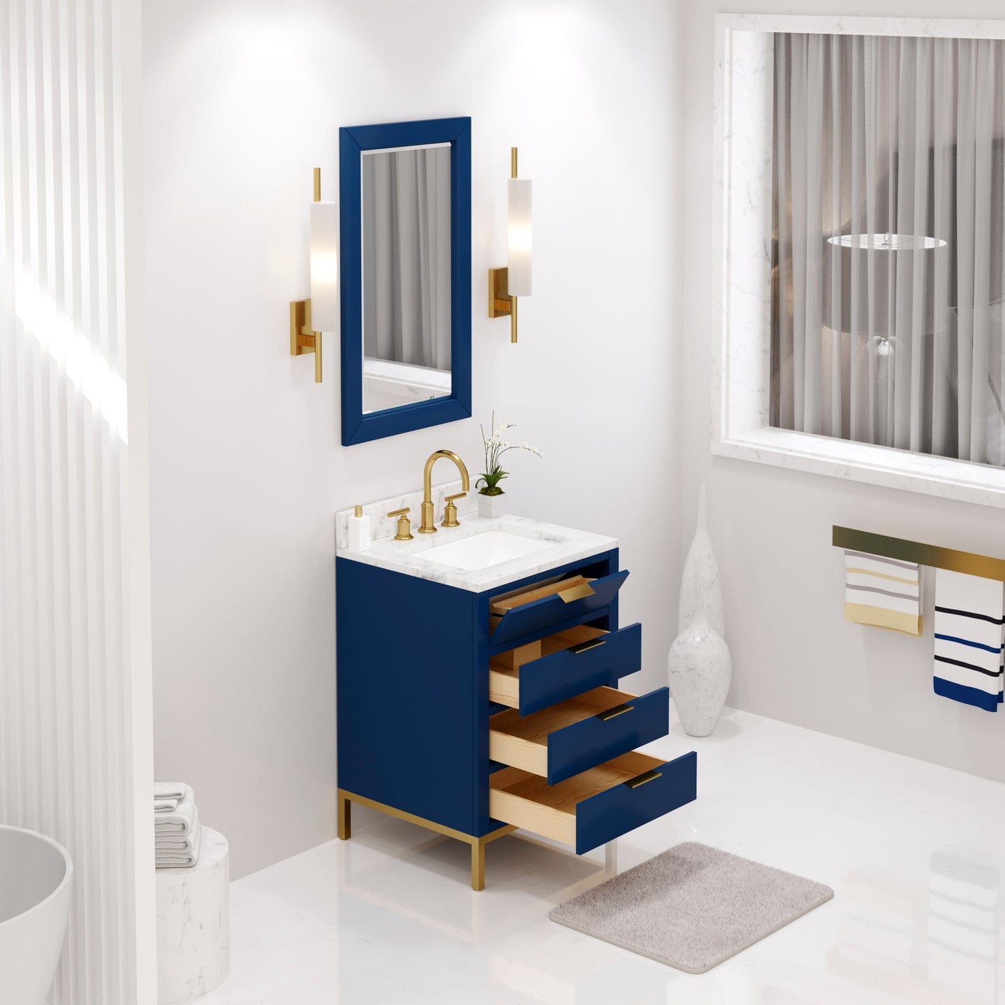 Water Creation BR24CW06MB-R21BL1406 BRISTOL 24"W x 34"H Monarch Blue Single-Sink Vanity with Carrara White Marble Countertop + Satin Gold Gooseneck Faucet and Rectangular Mirror (S)