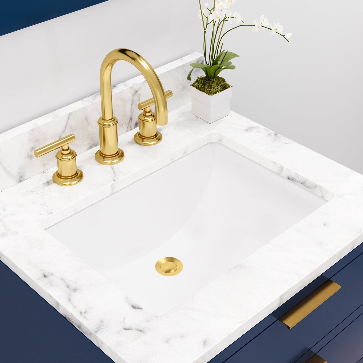 Water Creation BR24CW06MB-R21BL1406 BRISTOL 24"W x 34"H Monarch Blue Single-Sink Vanity with Carrara White Marble Countertop + Satin Gold Gooseneck Faucet and Rectangular Mirror (S)
