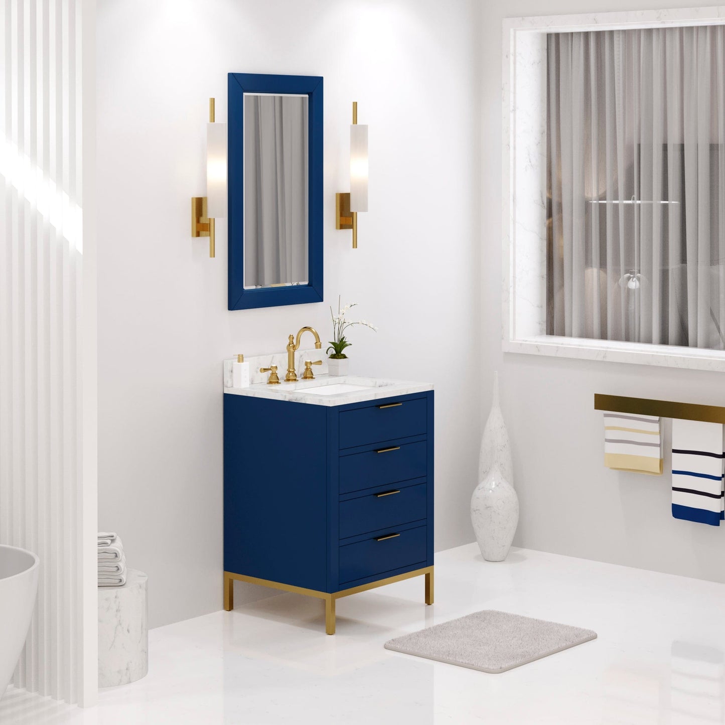 Water Creation BR24CW06MB-R21TL1206 BRISTOL 24"W x 34"H Monarch Blue Single-Sink Vanity with Carrara White Marble Countertop + Satin Gold Hook Faucet and Rectangular Mirror (S)