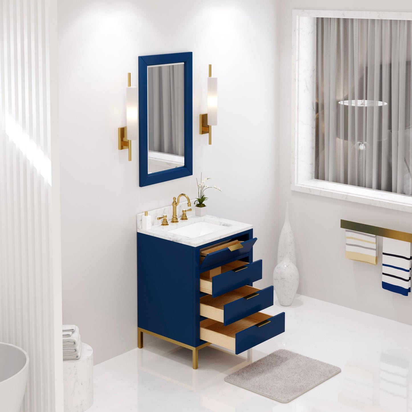 Water Creation BR24CW06MB-R21TL1206 BRISTOL 24"W x 34"H Monarch Blue Single-Sink Vanity with Carrara White Marble Countertop + Satin Gold Hook Faucet and Rectangular Mirror (S)