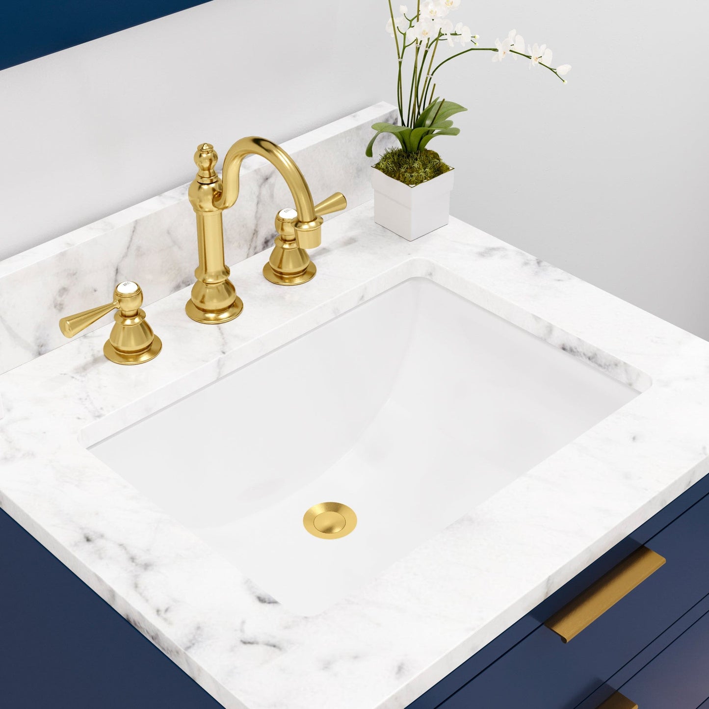 Water Creation BR24CW06MB-R21TL1206 BRISTOL 24"W x 34"H Monarch Blue Single-Sink Vanity with Carrara White Marble Countertop + Satin Gold Hook Faucet and Rectangular Mirror (S)