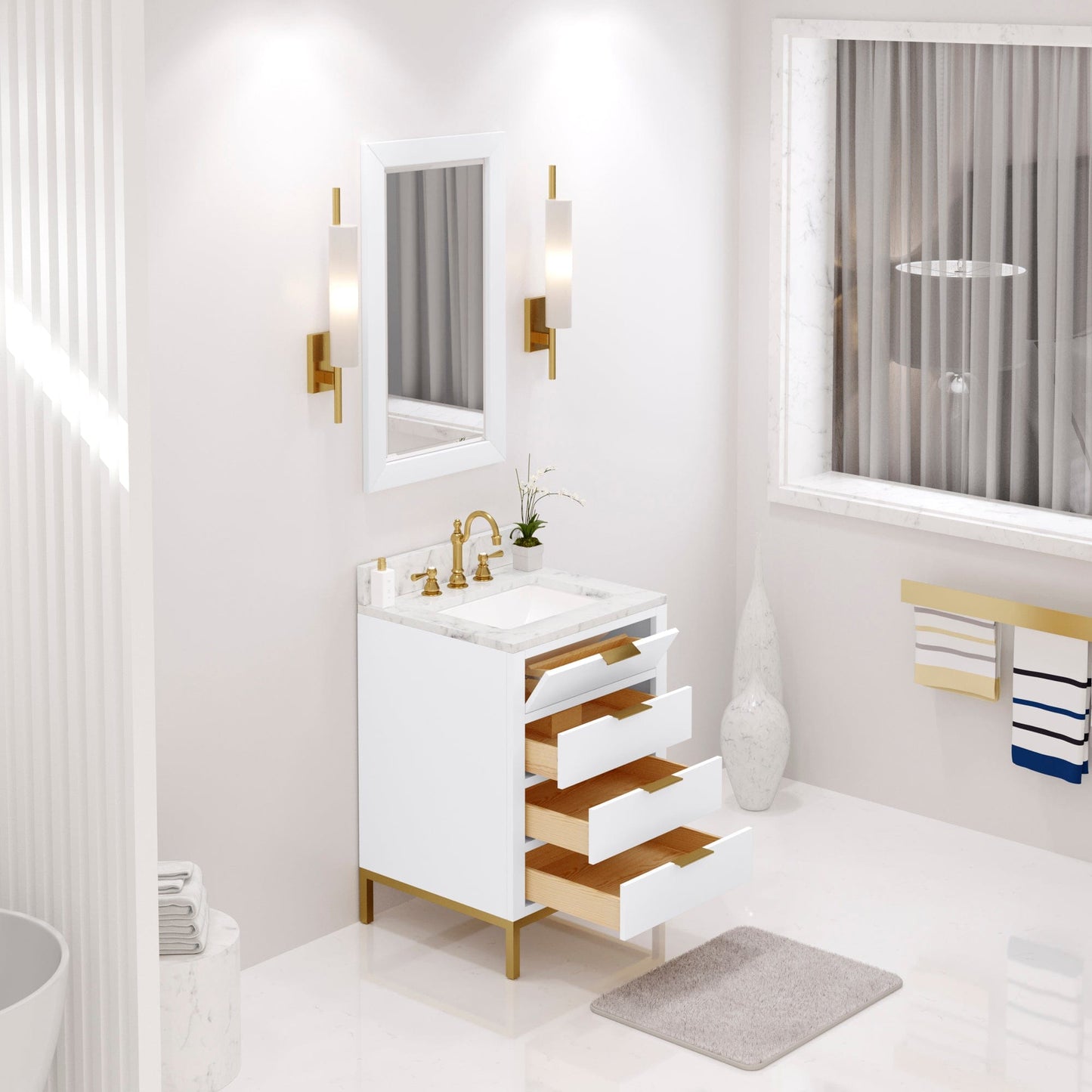 Water Creation BR24CW06PW-R21000000 BRISTOL 24"W x 34"H Pure White Single-Sink Vanity with Carrara White Marble Countertop + Rectangular Mirror (S)