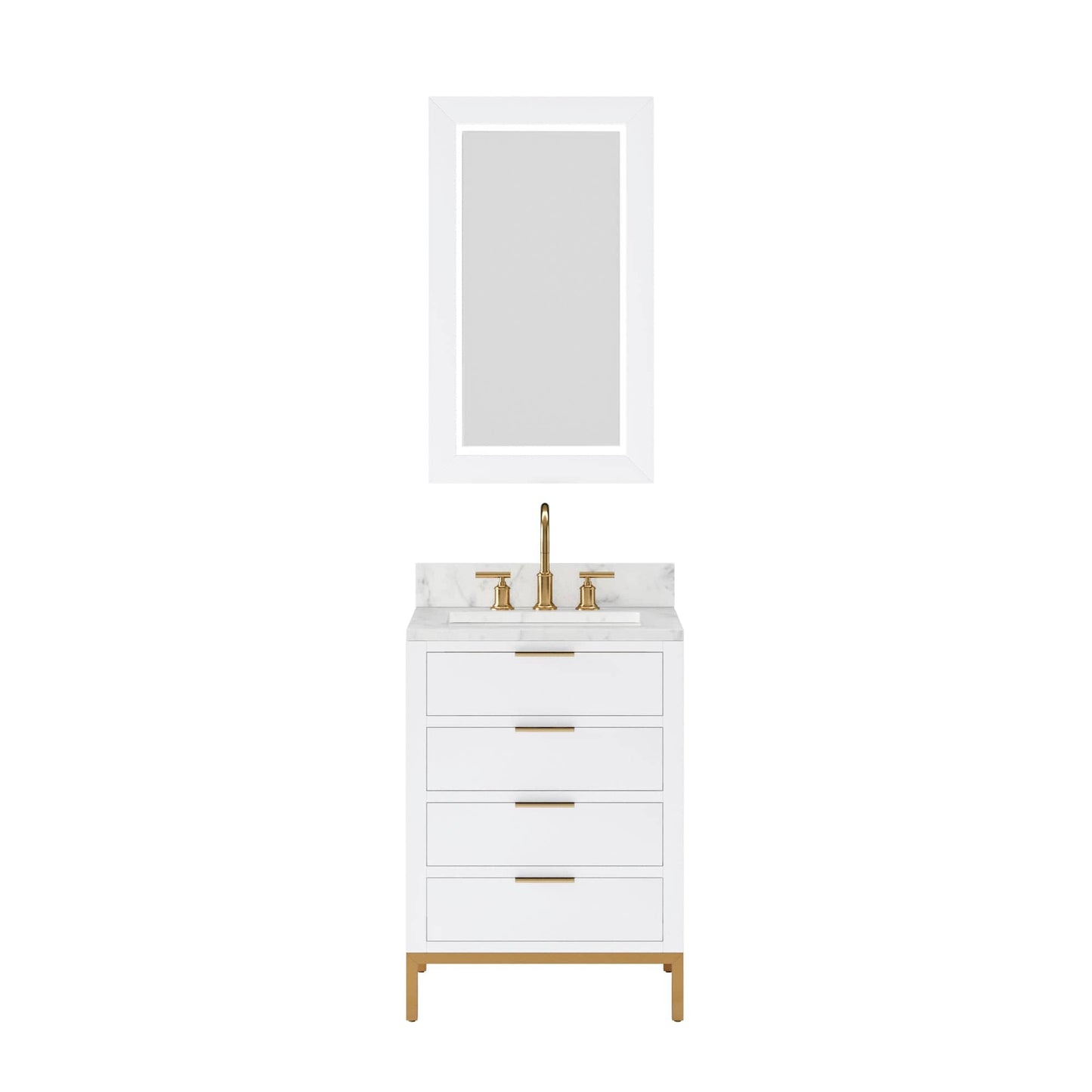 Water Creation BR24CW06PW-R21BL1406 BRISTOL 24"W x 34"H Pure White Single-Sink Vanity with Carrara White Marble Countertop + Satin Gold Gooseneck Faucet and Rectangular Mirror (S)
