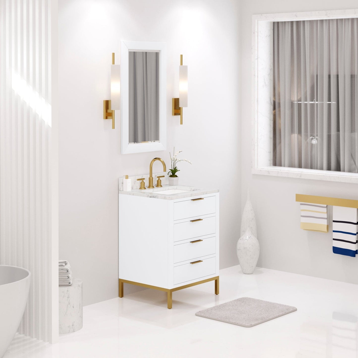 Water Creation BR24CW06PW-R21BL1406 BRISTOL 24"W x 34"H Pure White Single-Sink Vanity with Carrara White Marble Countertop + Satin Gold Gooseneck Faucet and Rectangular Mirror (S)