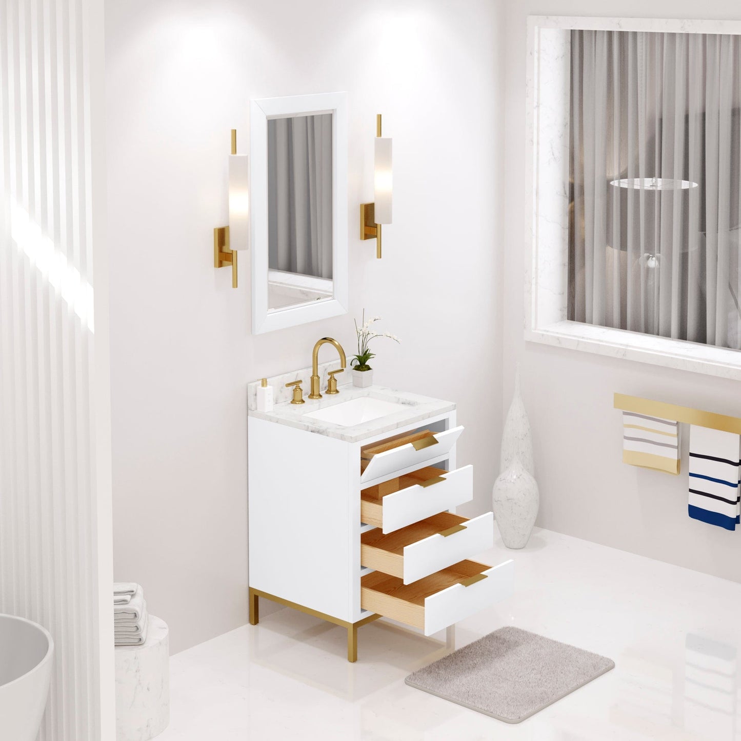Water Creation BR24CW06PW-R21BL1406 BRISTOL 24"W x 34"H Pure White Single-Sink Vanity with Carrara White Marble Countertop + Satin Gold Gooseneck Faucet and Rectangular Mirror (S)