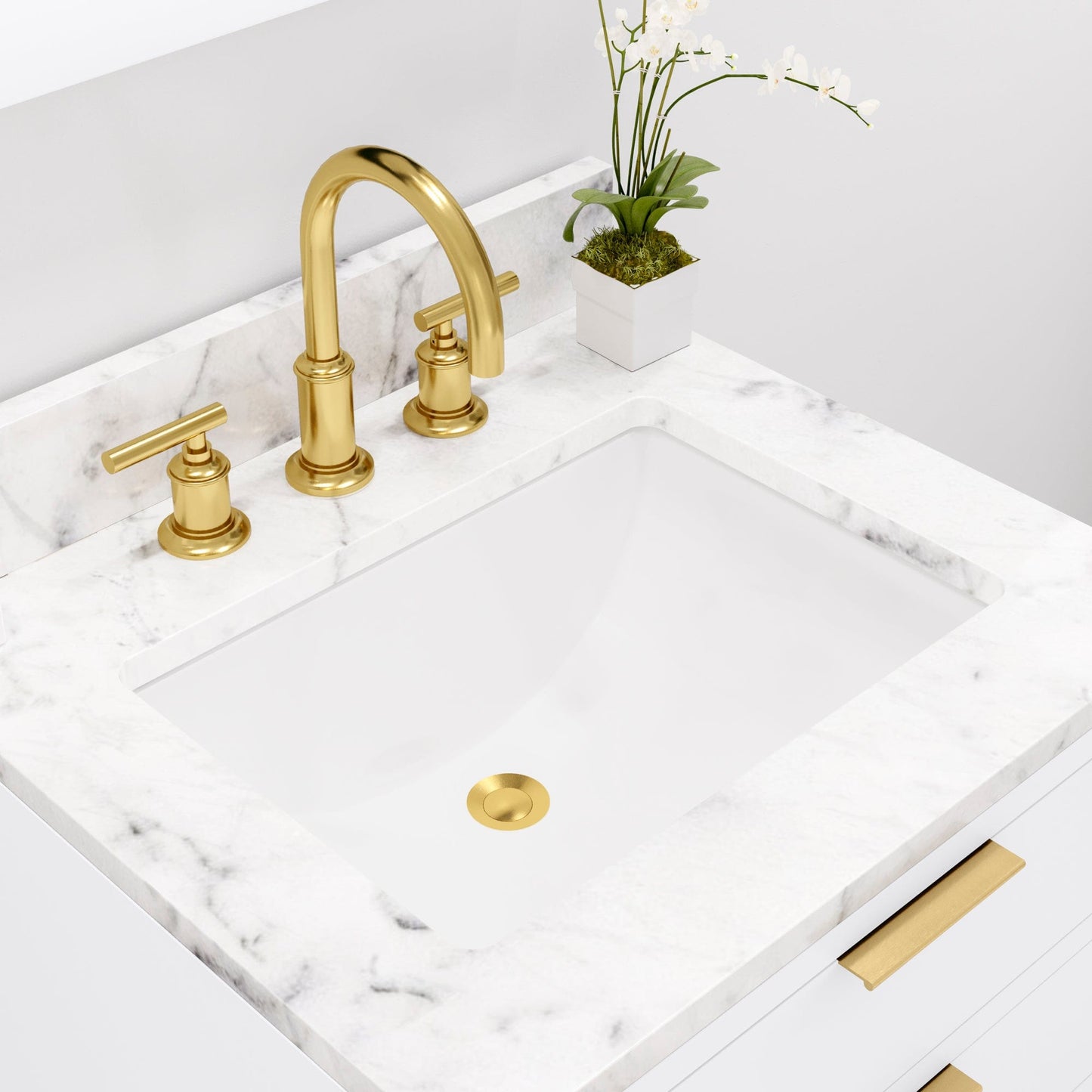 Water Creation BR24CW06PW-R21BL1406 BRISTOL 24"W x 34"H Pure White Single-Sink Vanity with Carrara White Marble Countertop + Satin Gold Gooseneck Faucet and Rectangular Mirror (S)