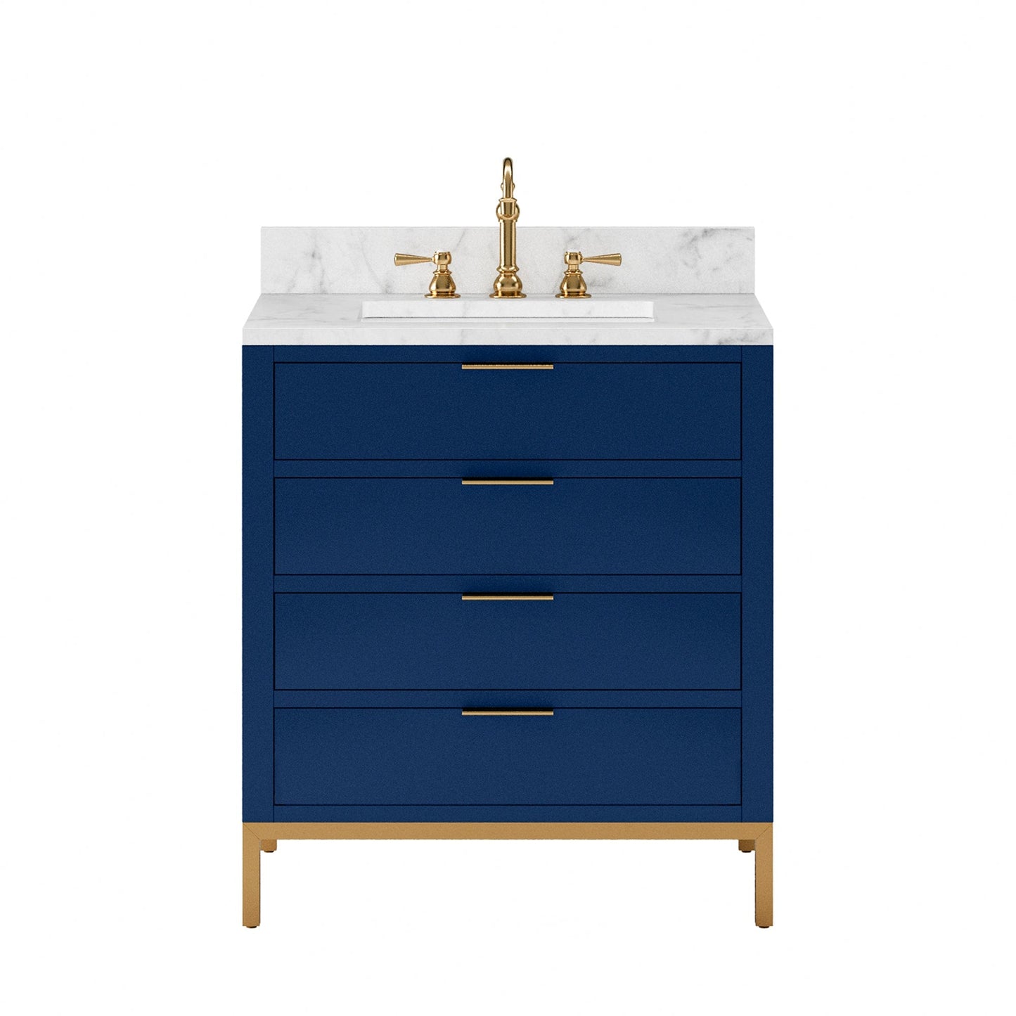 Water Creation BR30CW06MB-000TL1206 BRISTOL 30"W x 34"H Monarch Blue Single-Sink Vanity with Carrara White Marble Countertop + Satin Gold Hook Faucet