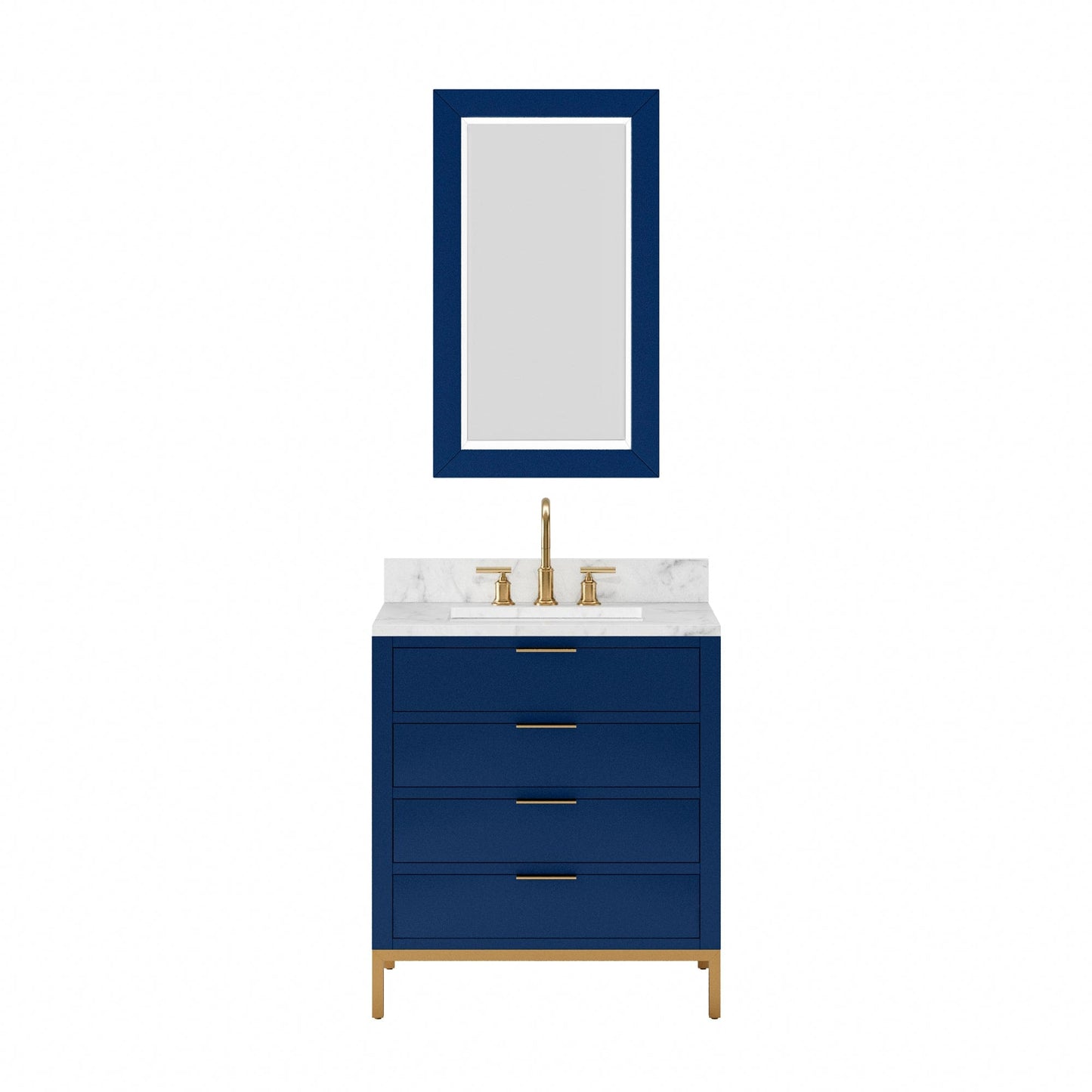 Water Creation BR30CW06MB-R21BL1406 BRISTOL 30"W x 34"H Monarch Blue Single-Sink Vanity with Carrara White Marble Countertop + Satin Gold Gooseneck Faucet and Rectangular Mirror (S)