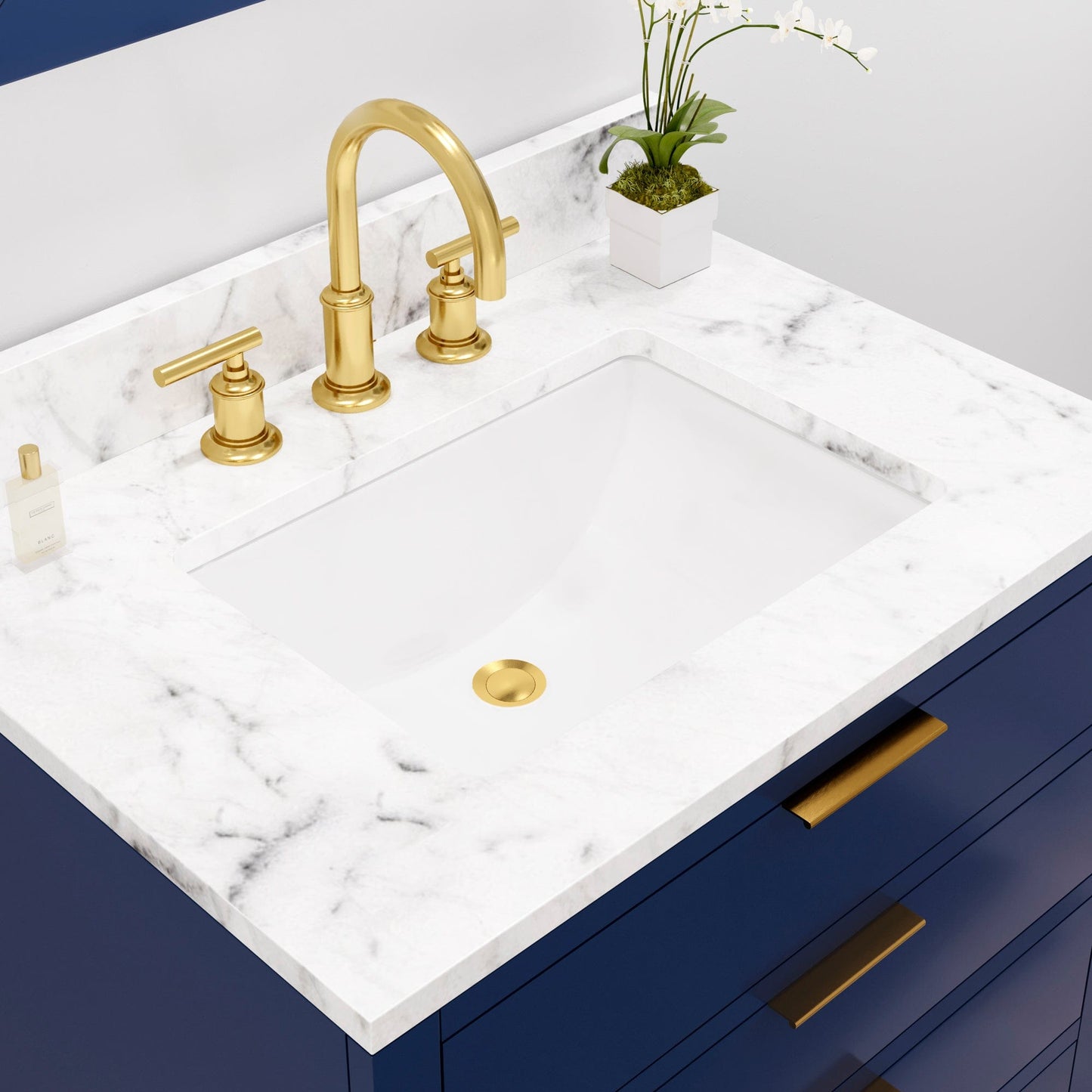 Water Creation BR30CW06MB-R21BL1406 BRISTOL 30"W x 34"H Monarch Blue Single-Sink Vanity with Carrara White Marble Countertop + Satin Gold Gooseneck Faucet and Rectangular Mirror (S)