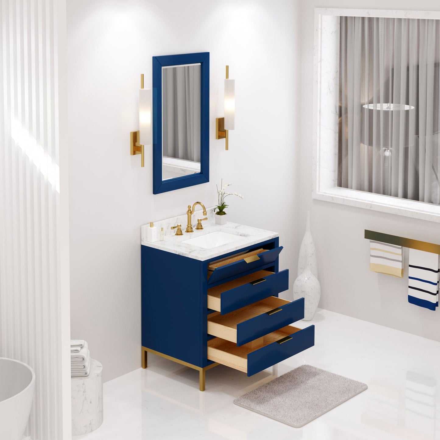 Water Creation BR30CW06MB-R21TL1206 BRISTOL 30"W x 34"H Monarch Blue Single-Sink Vanity with Carrara White Marble Countertop + Satin Gold Hook Faucet and Rectangular Mirror (S)